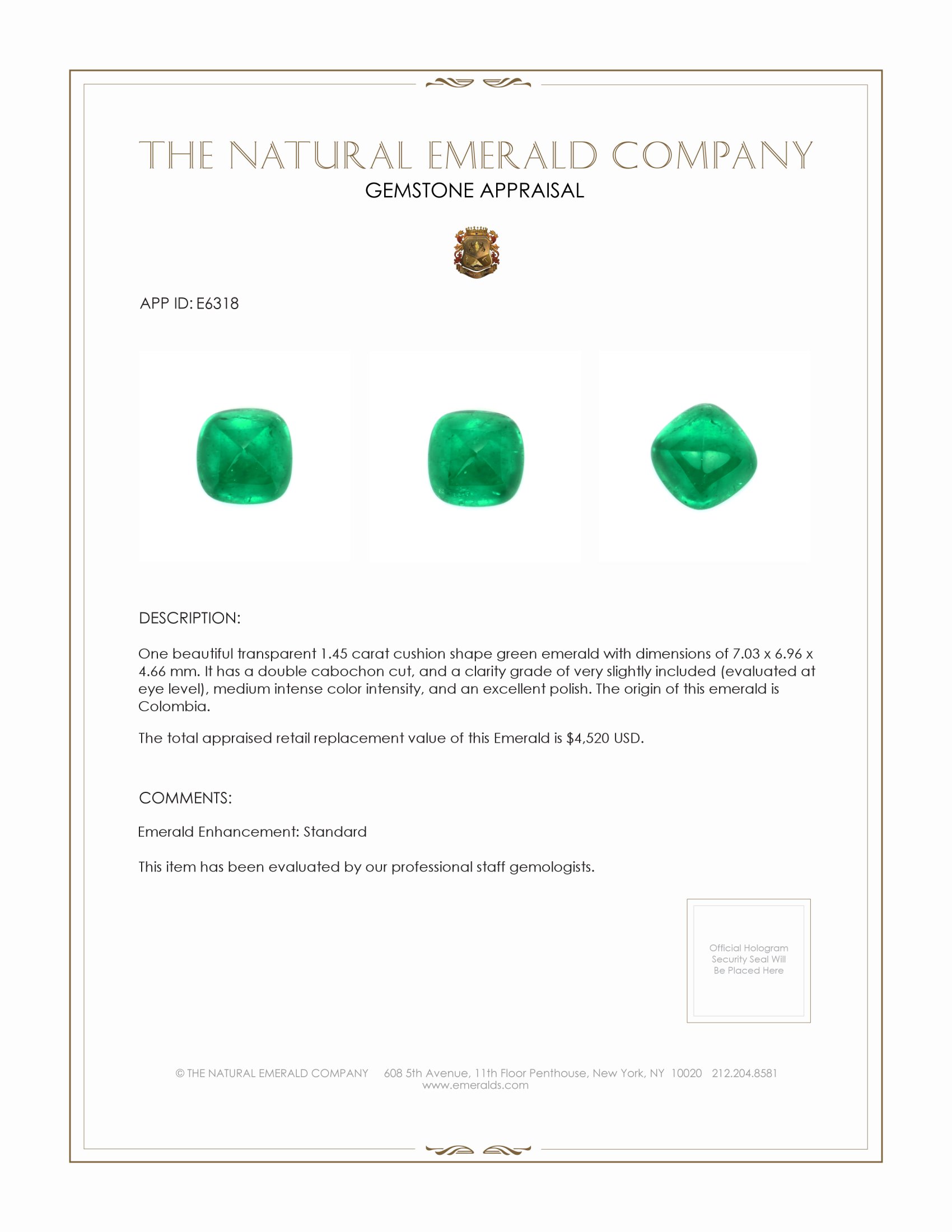 1.45 Ct. Cabochon Emerald from Colombia