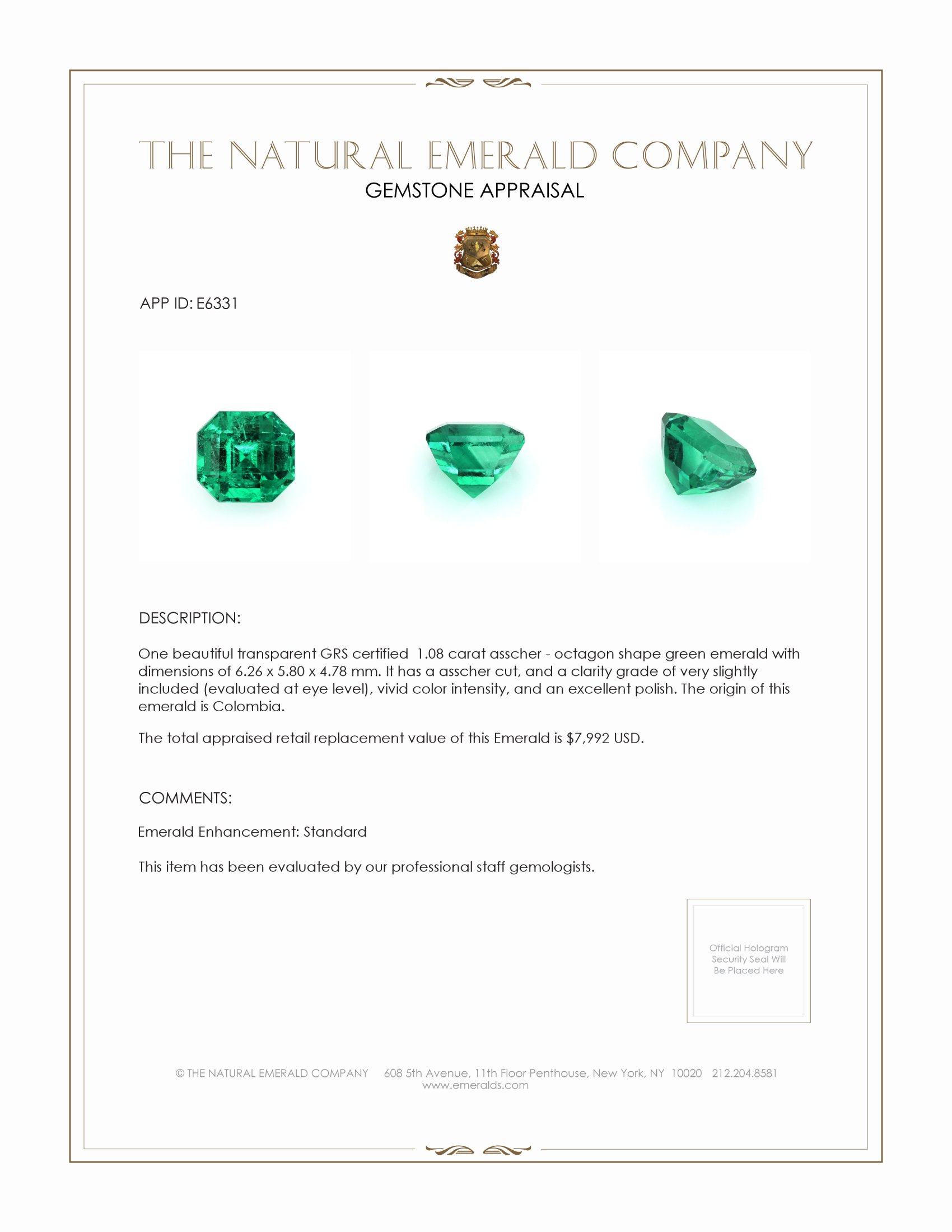 1.08 Ct. Emerald from Colombia