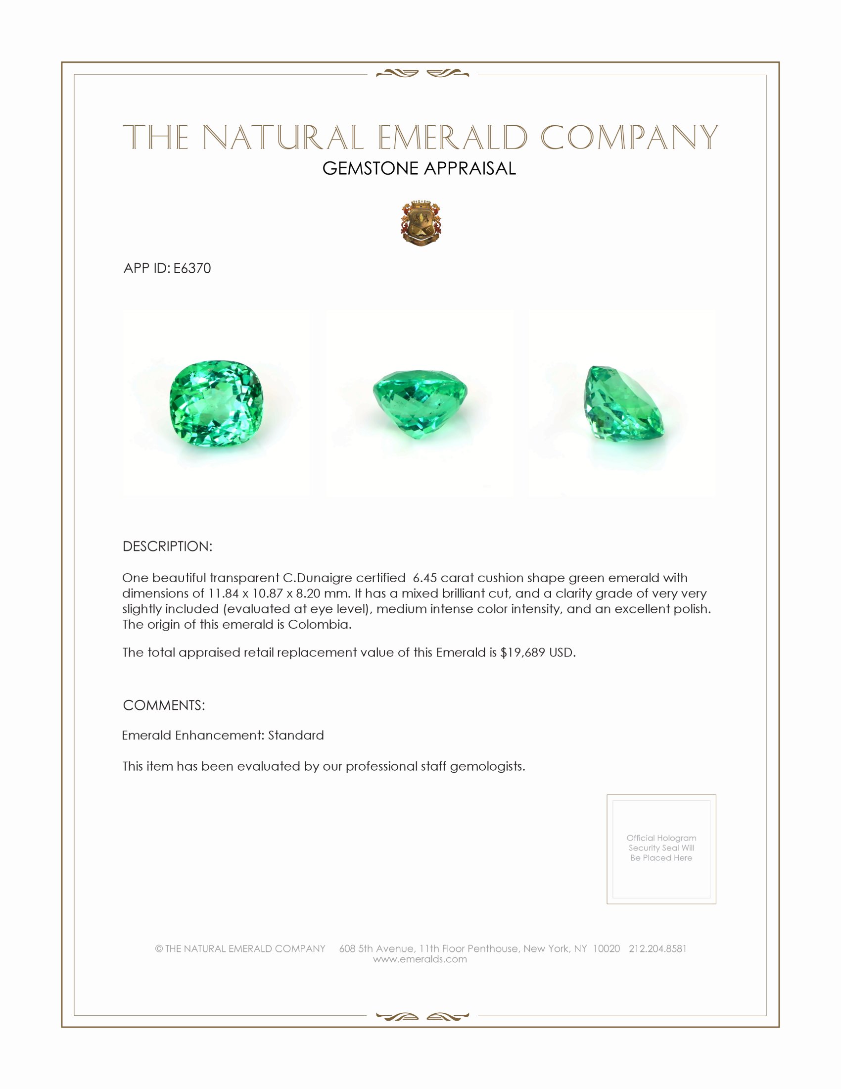 6.45 Ct. Emerald from Colombia