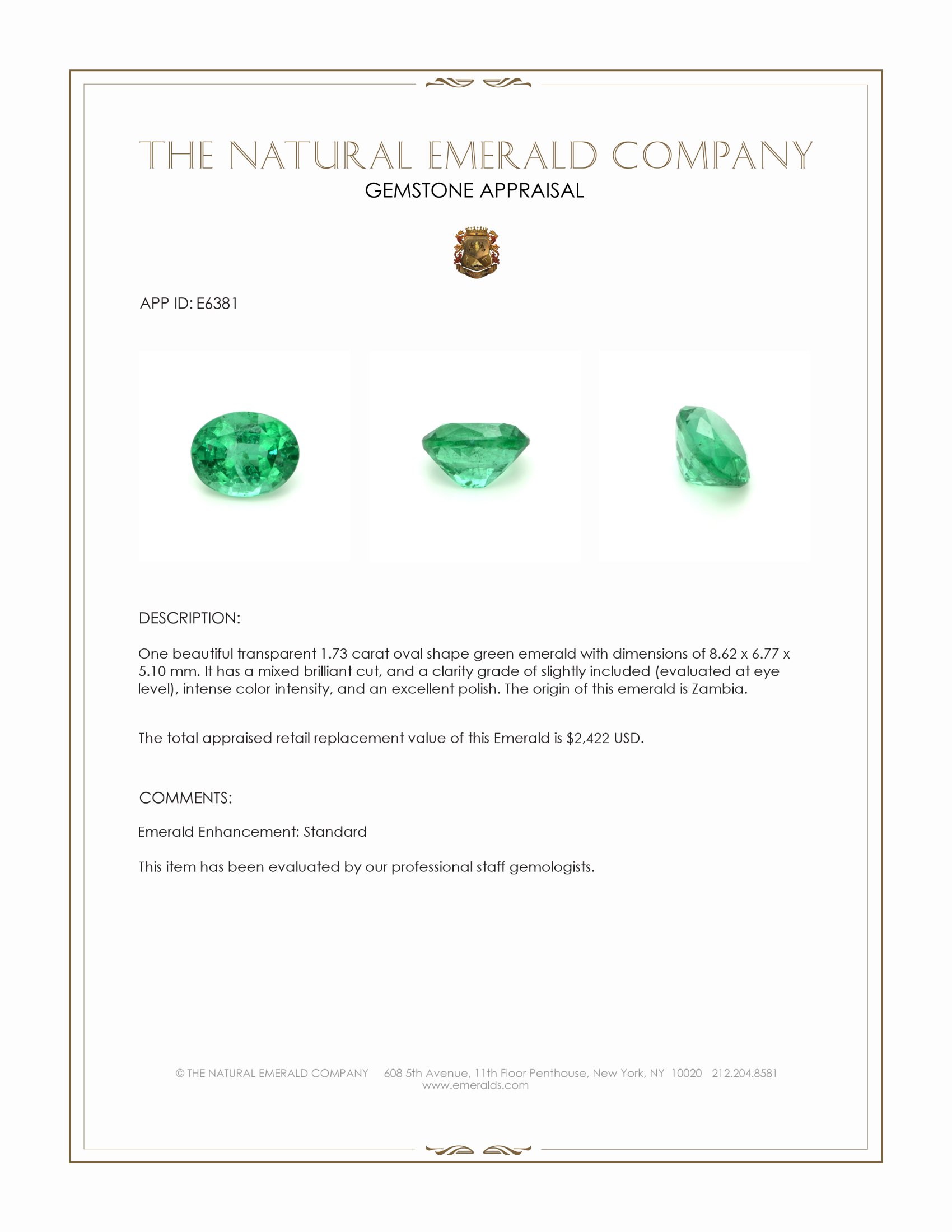 1.73 Ct. Emerald from Zambia