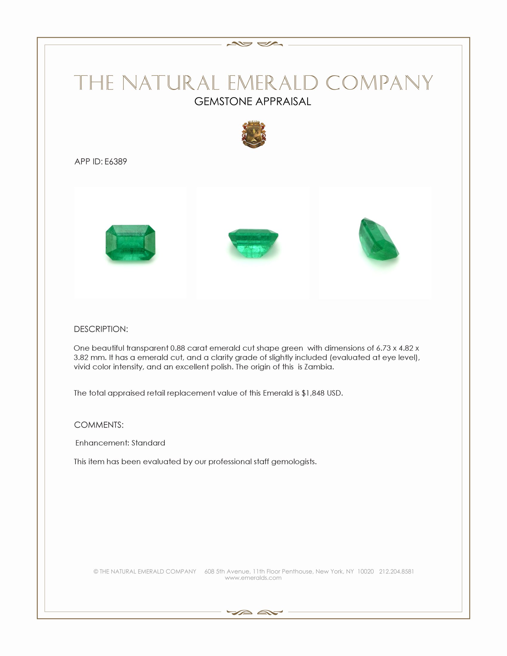 0.88 Ct. Emerald from Zambia