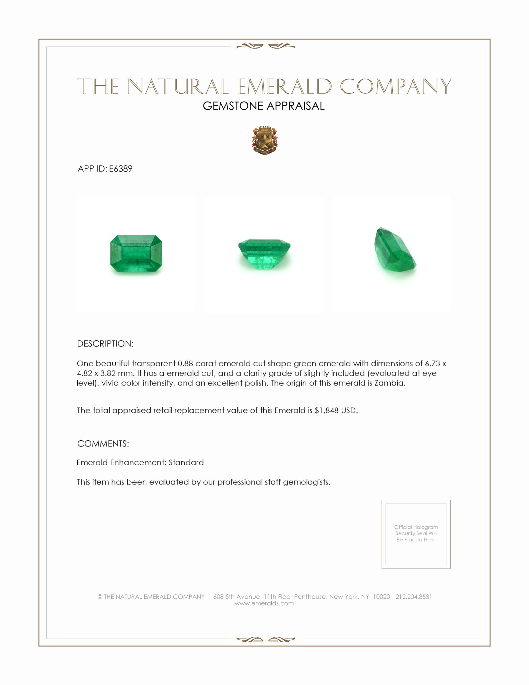 0.88 Ct. Emerald from Zambia