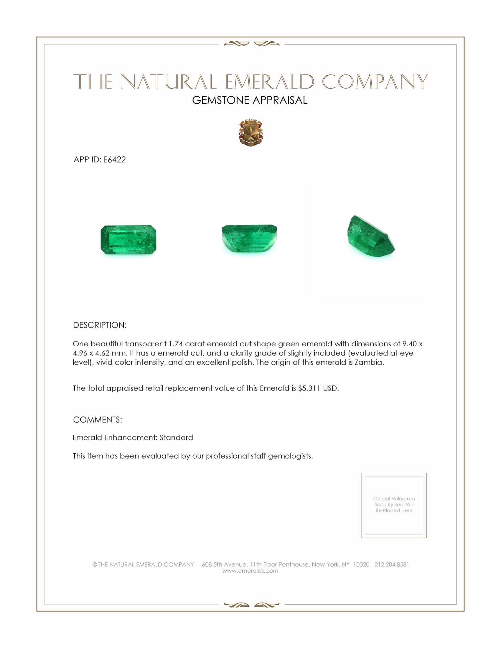 1.74 Ct. Emerald from Zambia