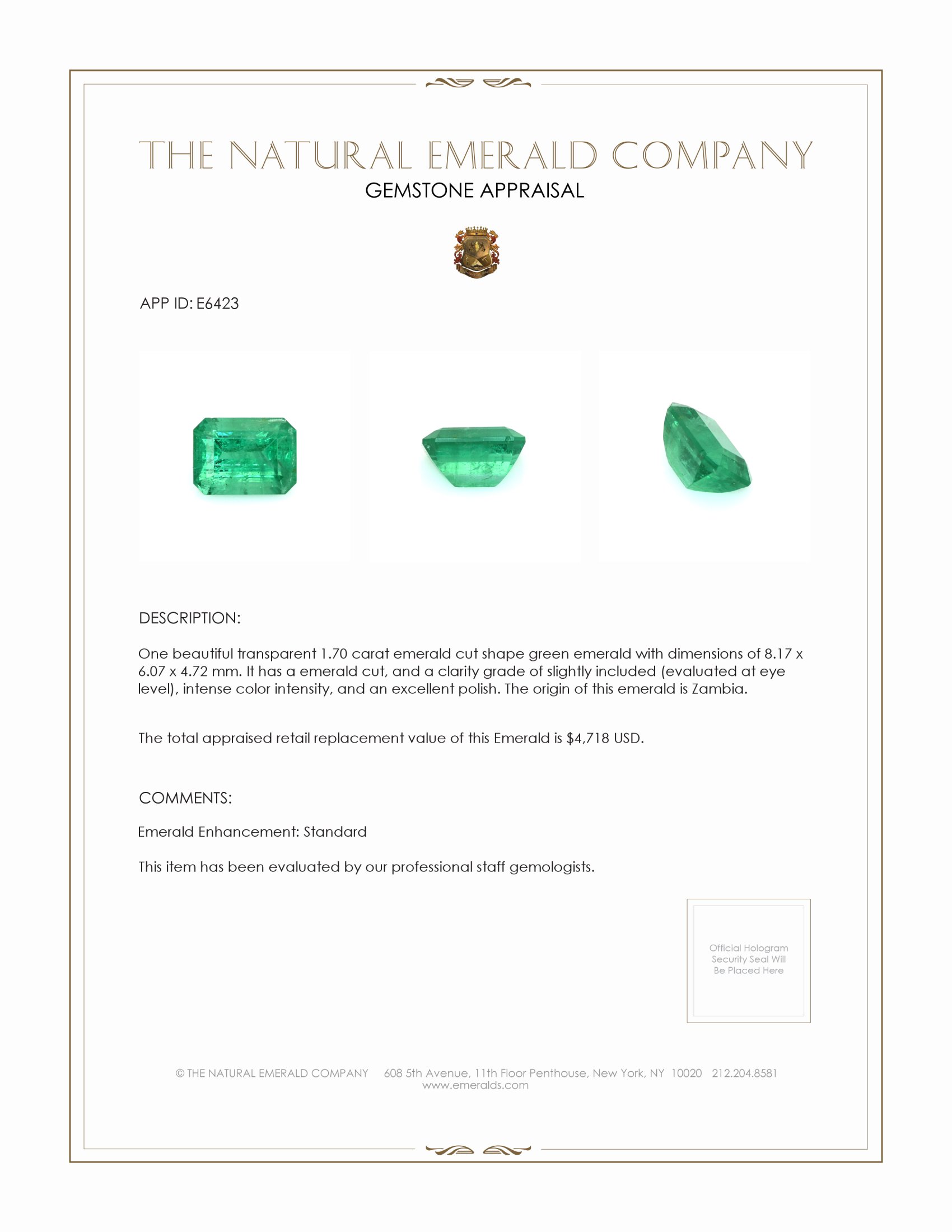 1.70 Ct. Emerald from Zambia