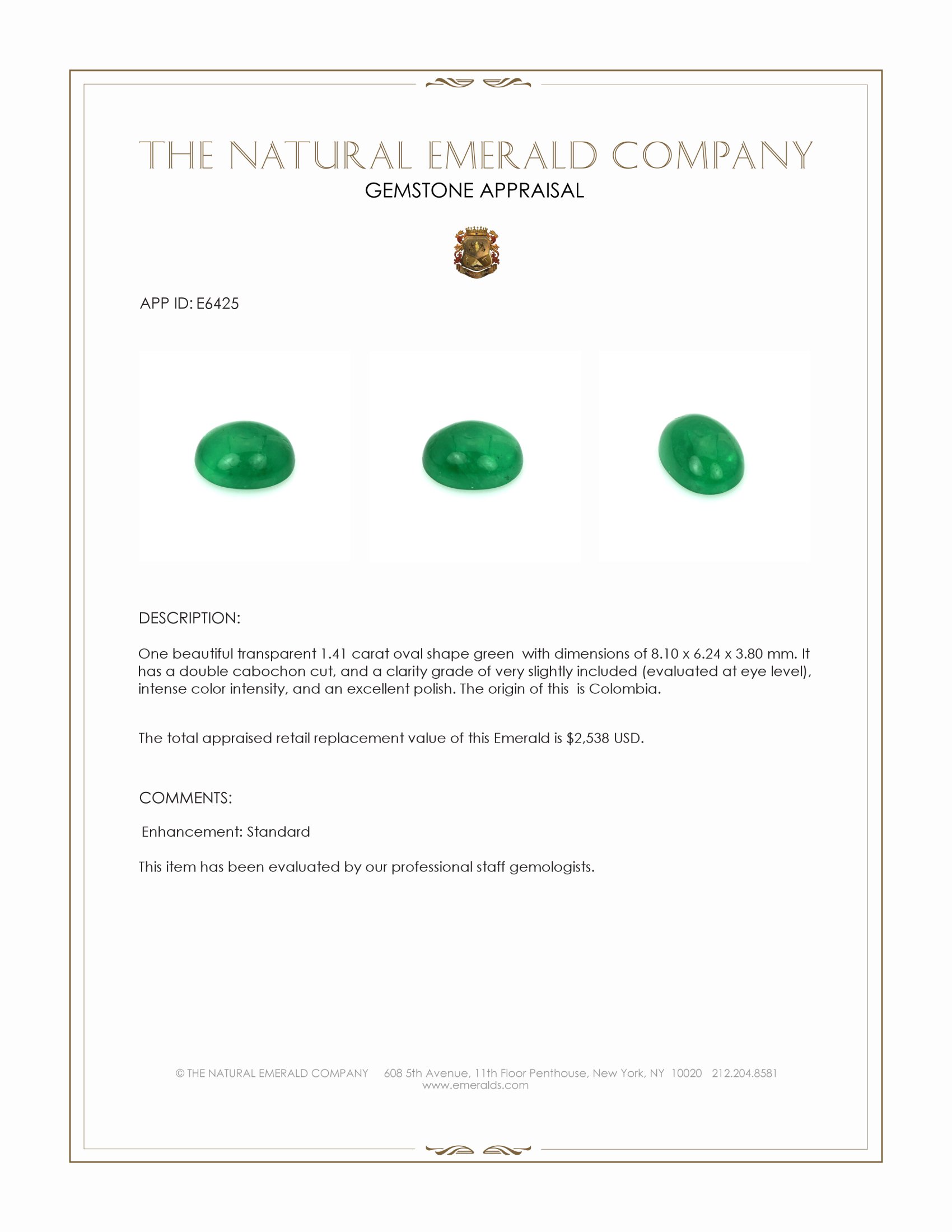 1.41 Ct. Cabochon Emerald from Colombia