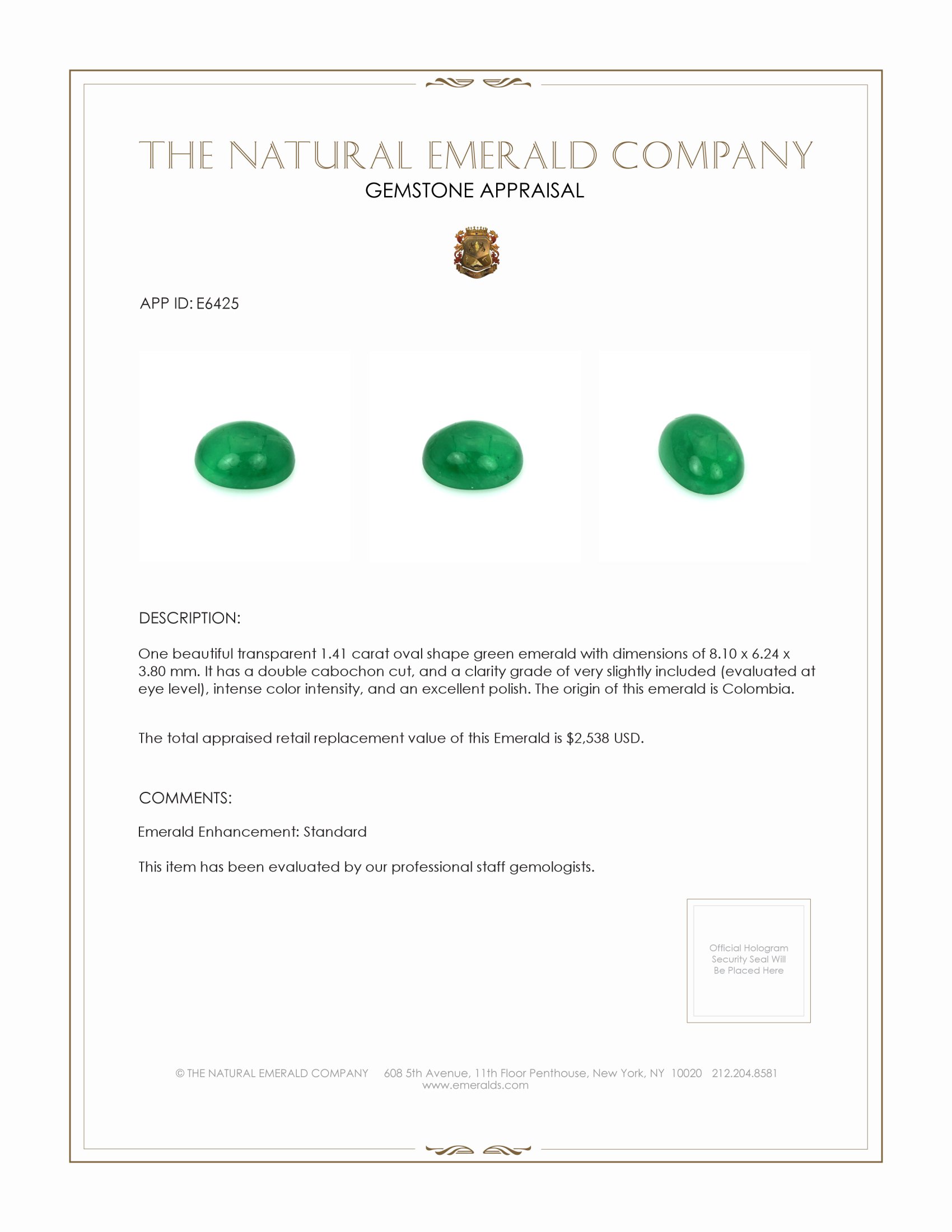 1.41 Ct. Cabochon Emerald from Colombia