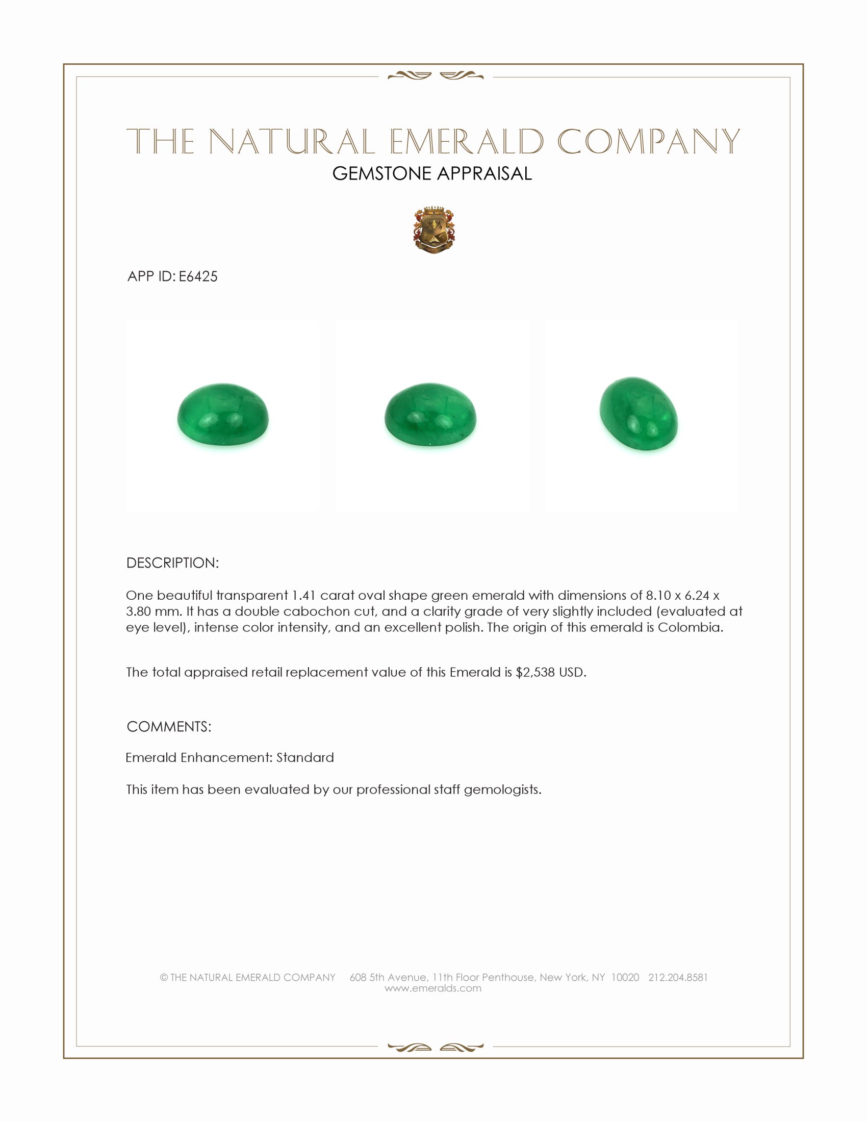 1.41 Ct. Cabochon Emerald from Colombia