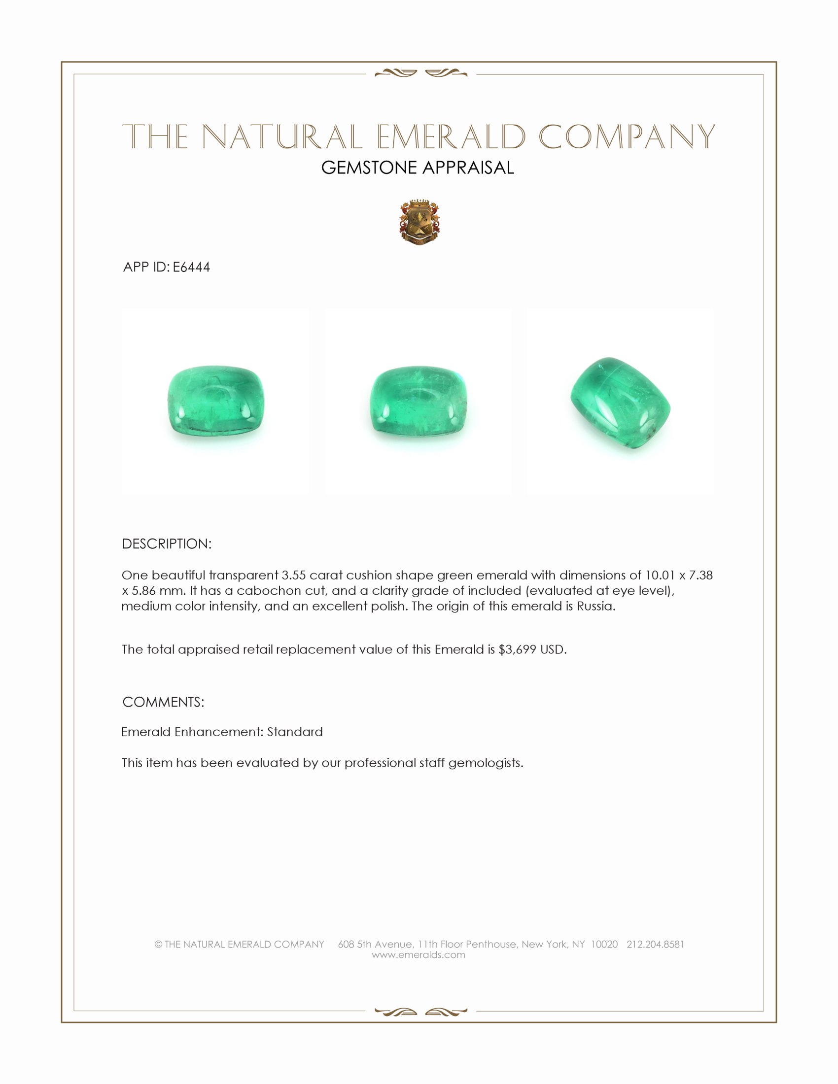 3.55 Ct. Cabochon Emerald from Russia