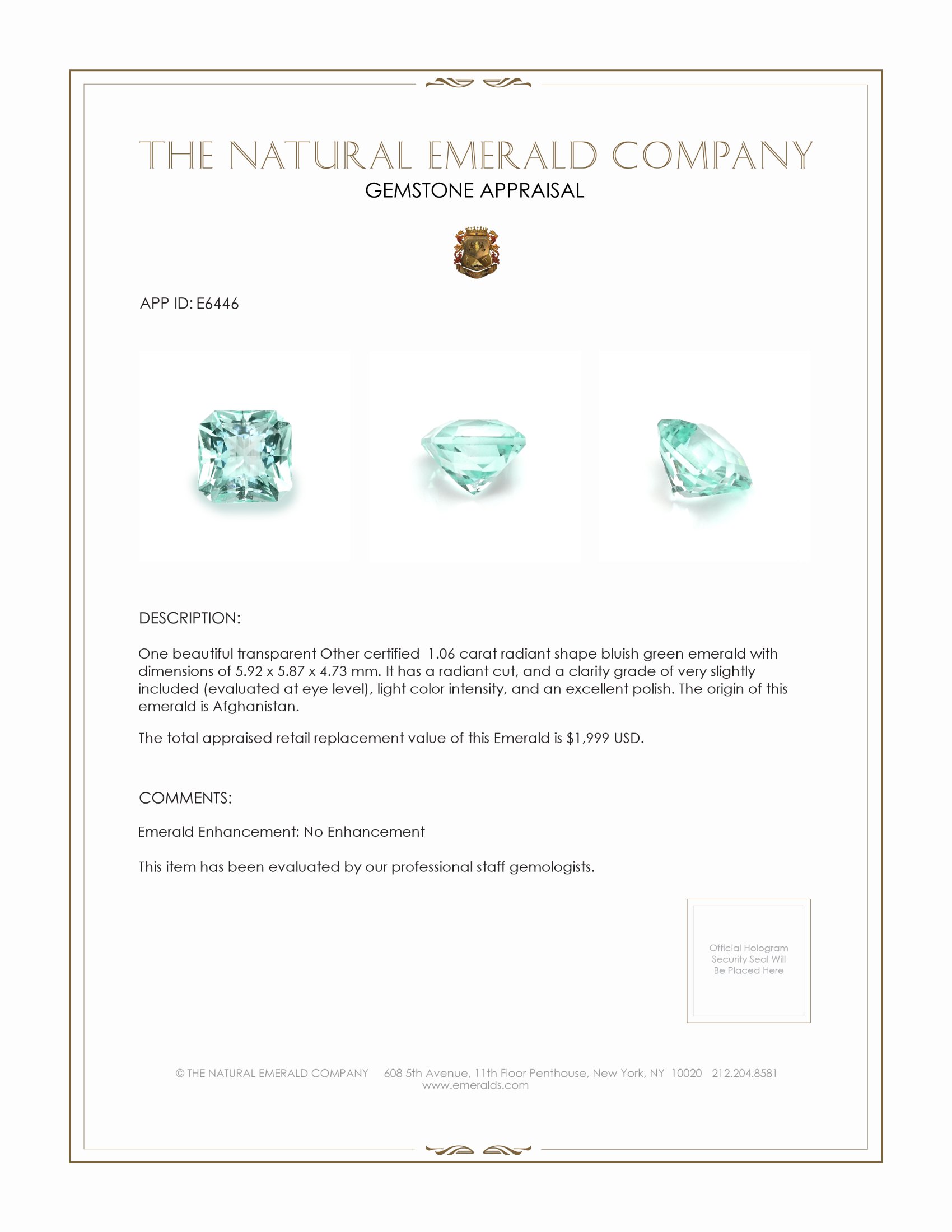 1.06 Ct. Emerald from Afghanistan