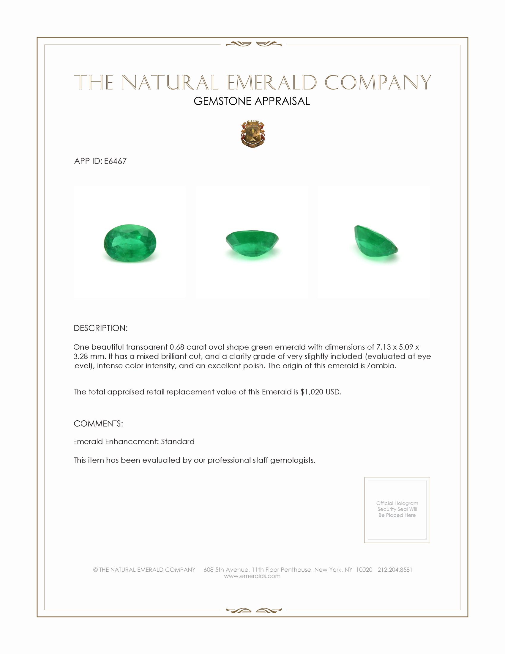 0.68 Ct. Emerald from Zambia