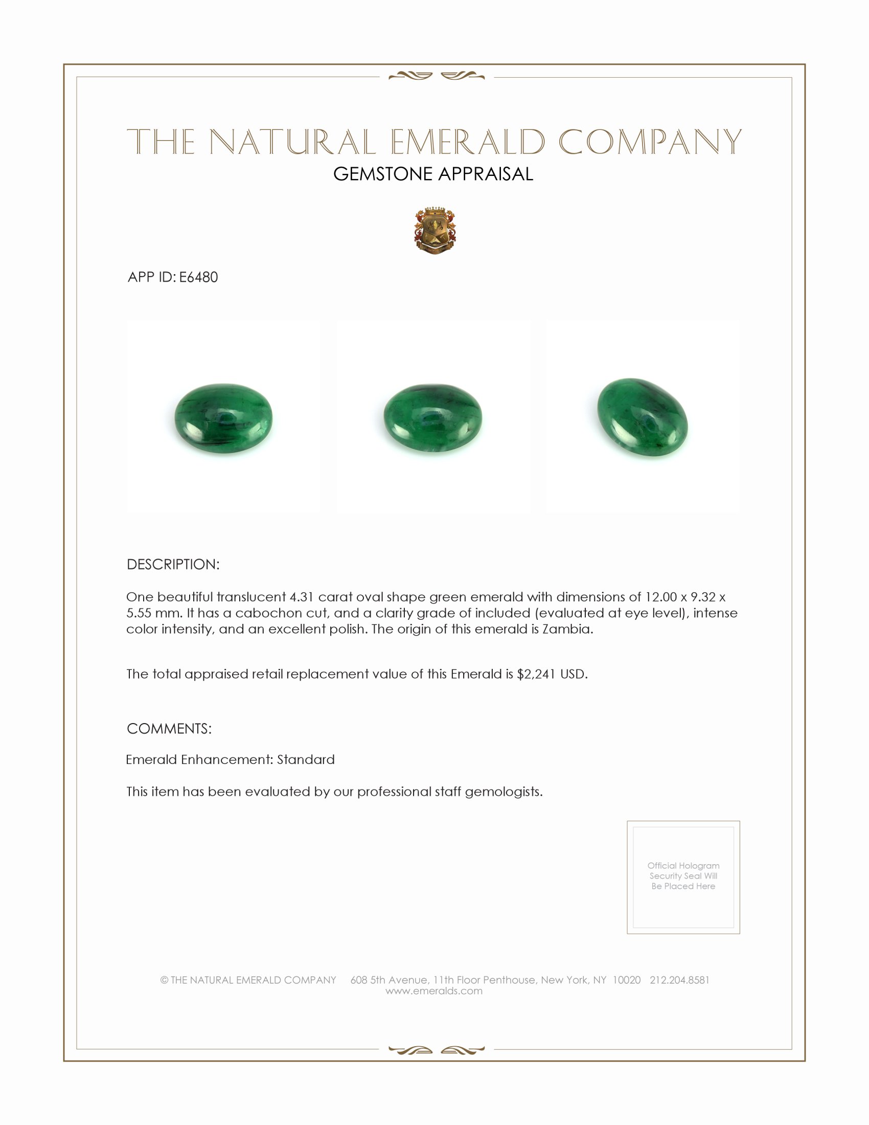 4.31 Ct. Cabochon Emerald from Zambia