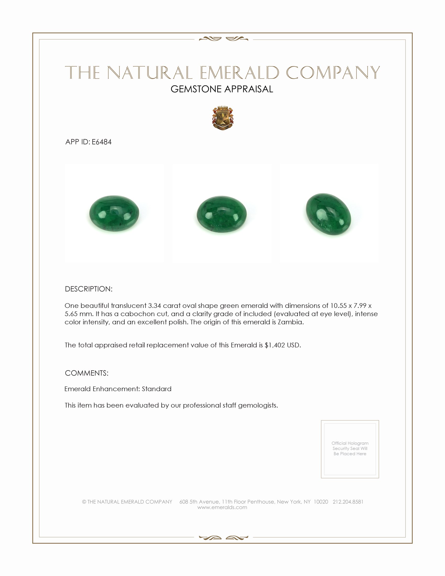 3.34 Ct. Cabochon Emerald from Zambia