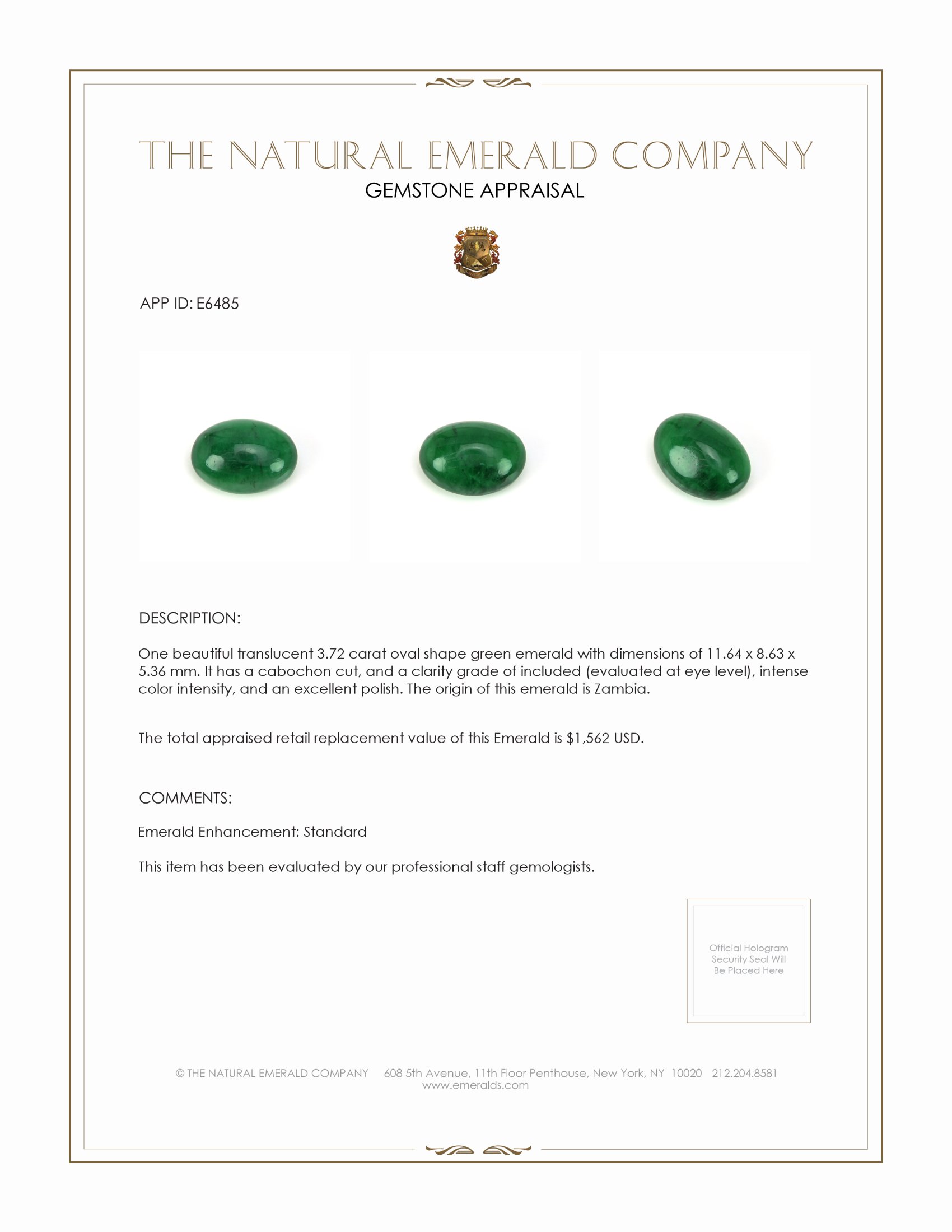 3.72 Ct. Cabochon Emerald from Zambia