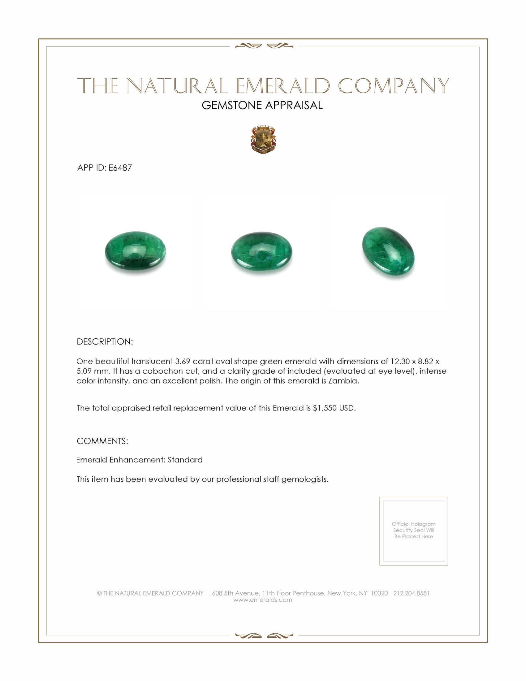 3.69 Ct. Cabochon Emerald from Zambia