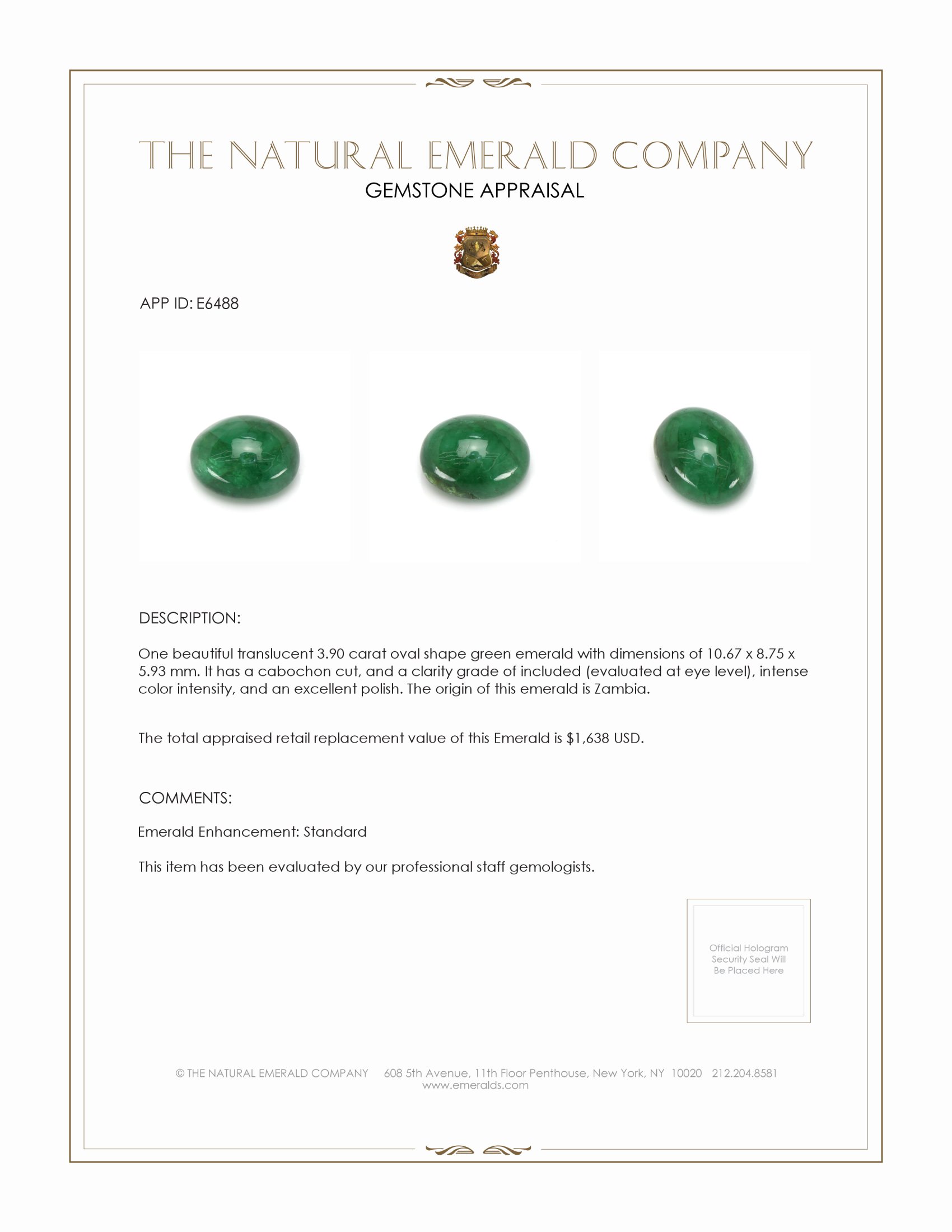 3.90 Ct. Cabochon Emerald from Zambia