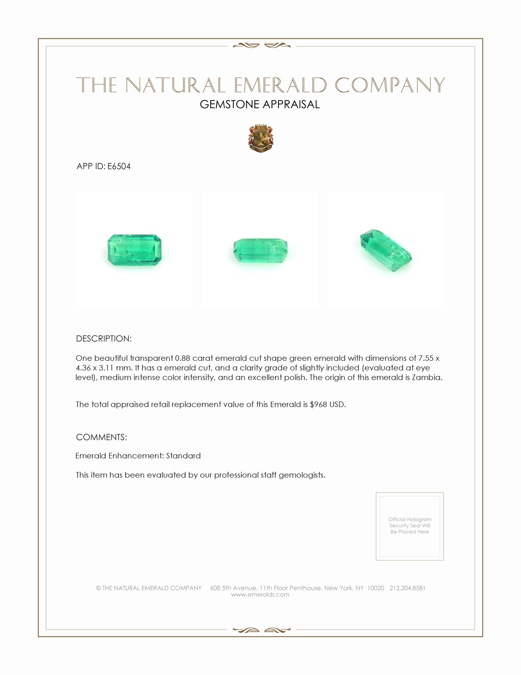 0.88 Ct. Emerald from Zambia