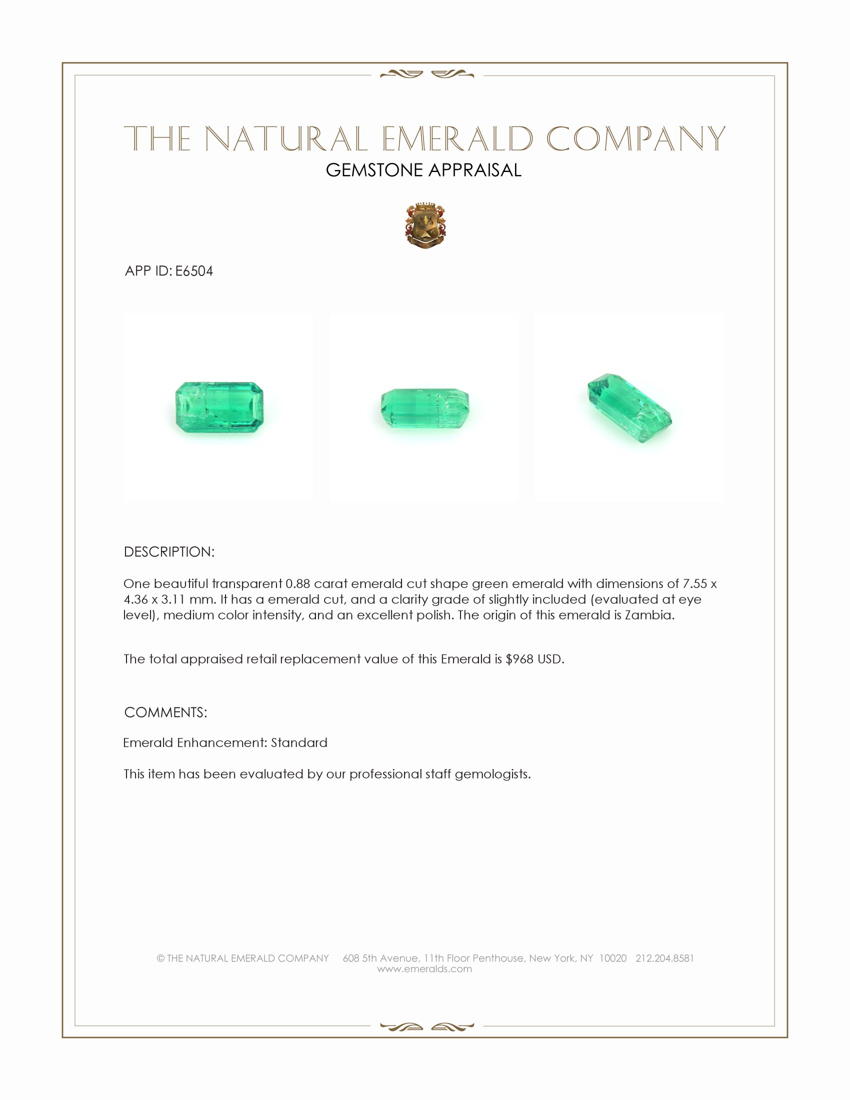 0.88 Ct. Emerald from Zambia