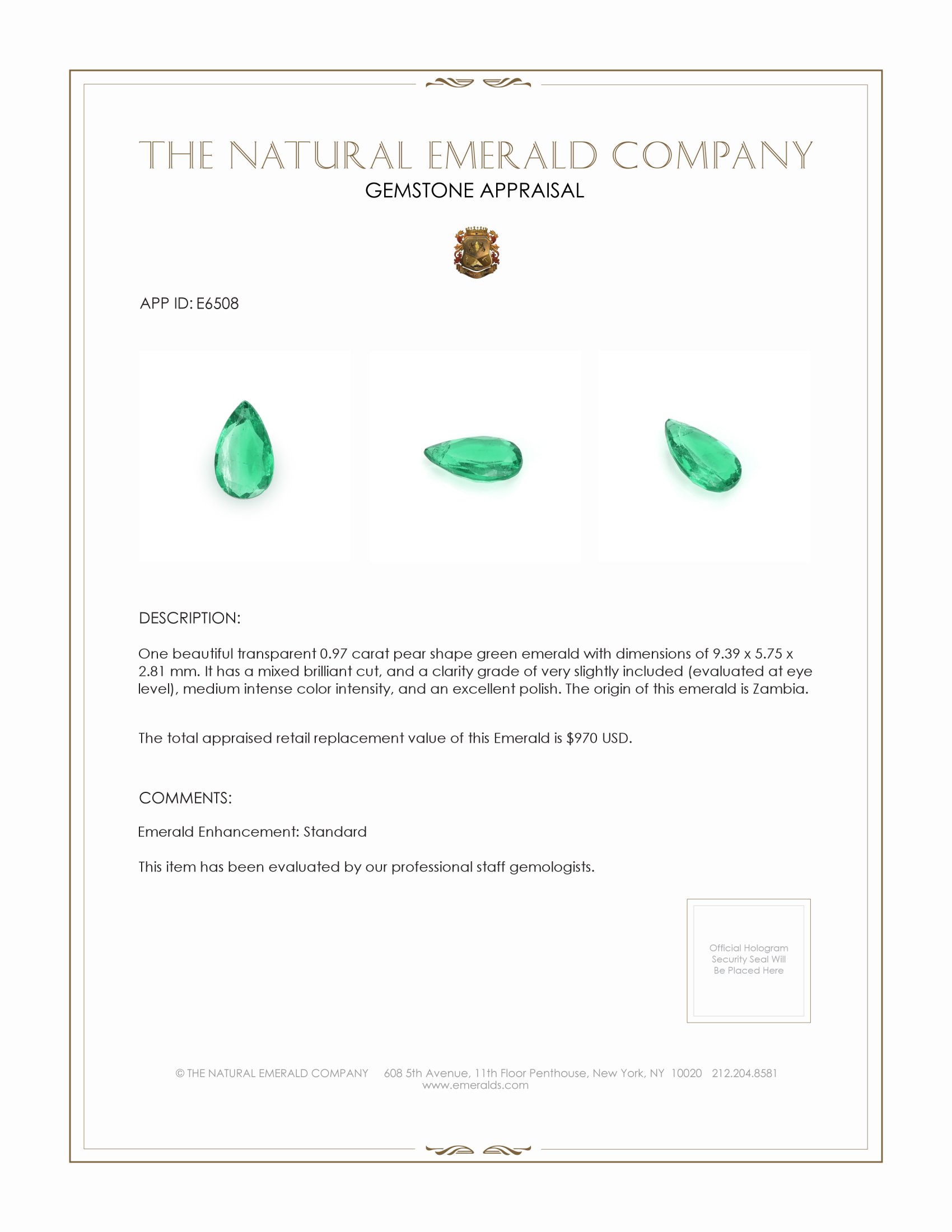 0.97 Ct. Emerald from Zambia