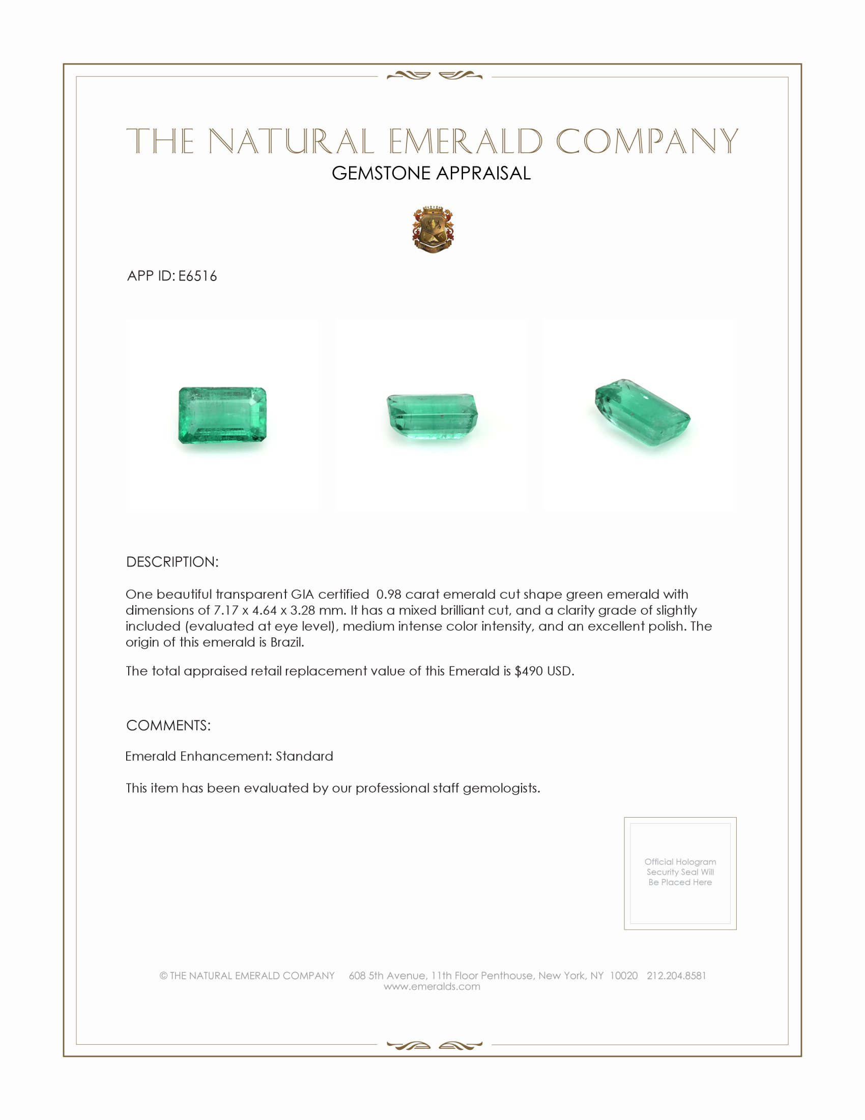 0.98 Ct. Emerald from Brazil