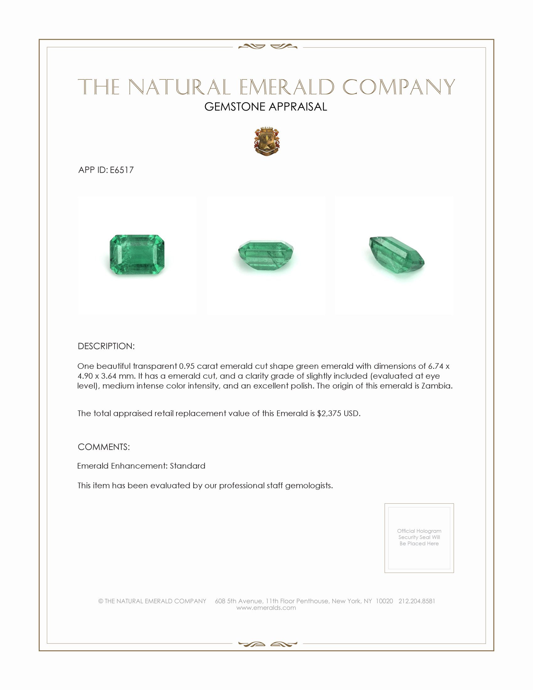 0.95 Ct. Emerald from Zambia