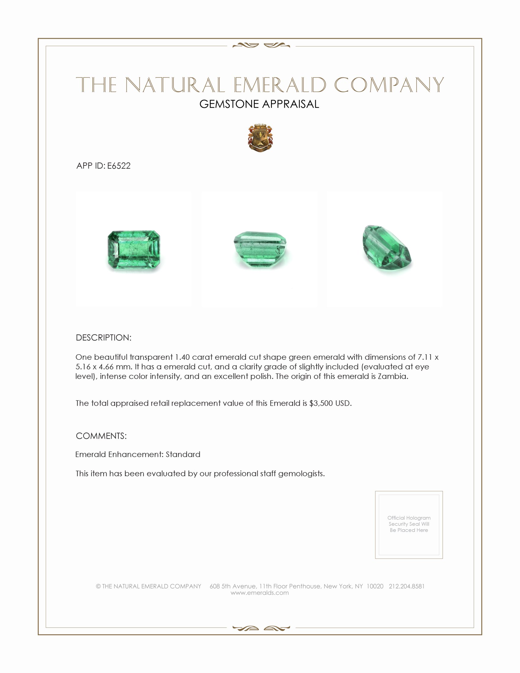 1.40 Ct. Emerald from Zambia