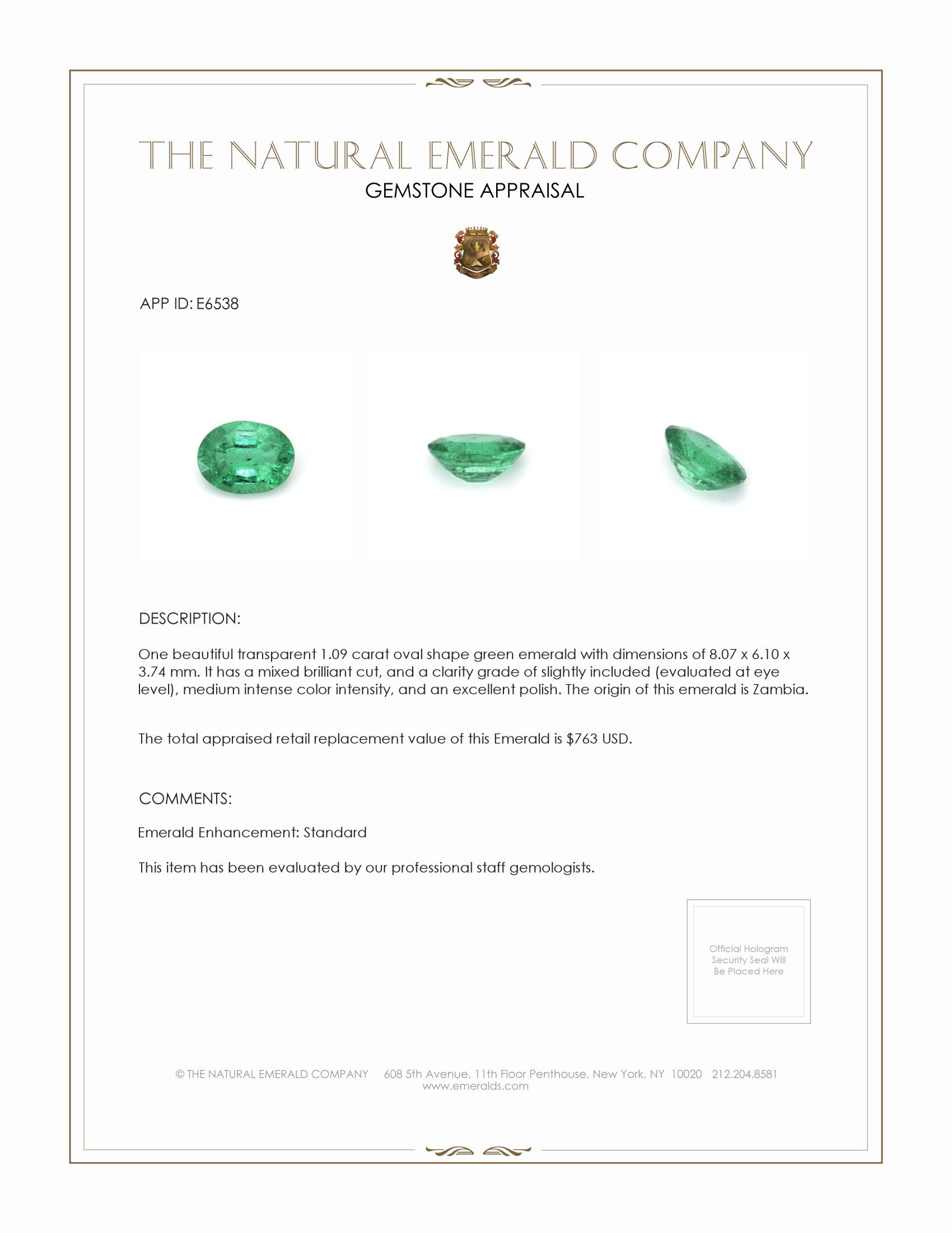 1.09 Ct. Emerald from Zambia