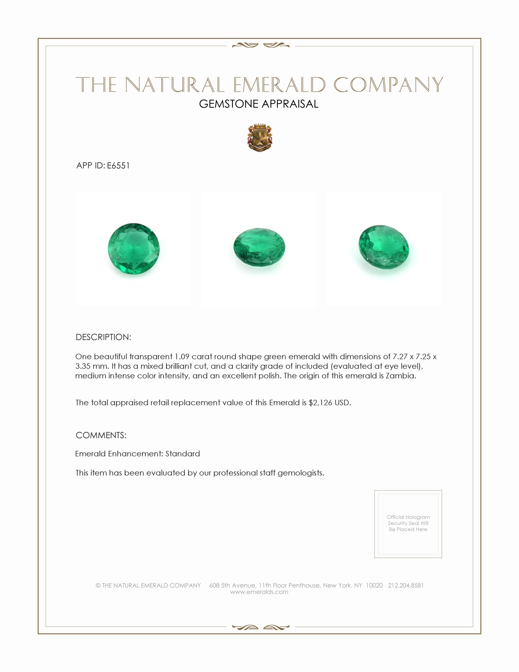 1.09 Ct. Emerald from Zambia