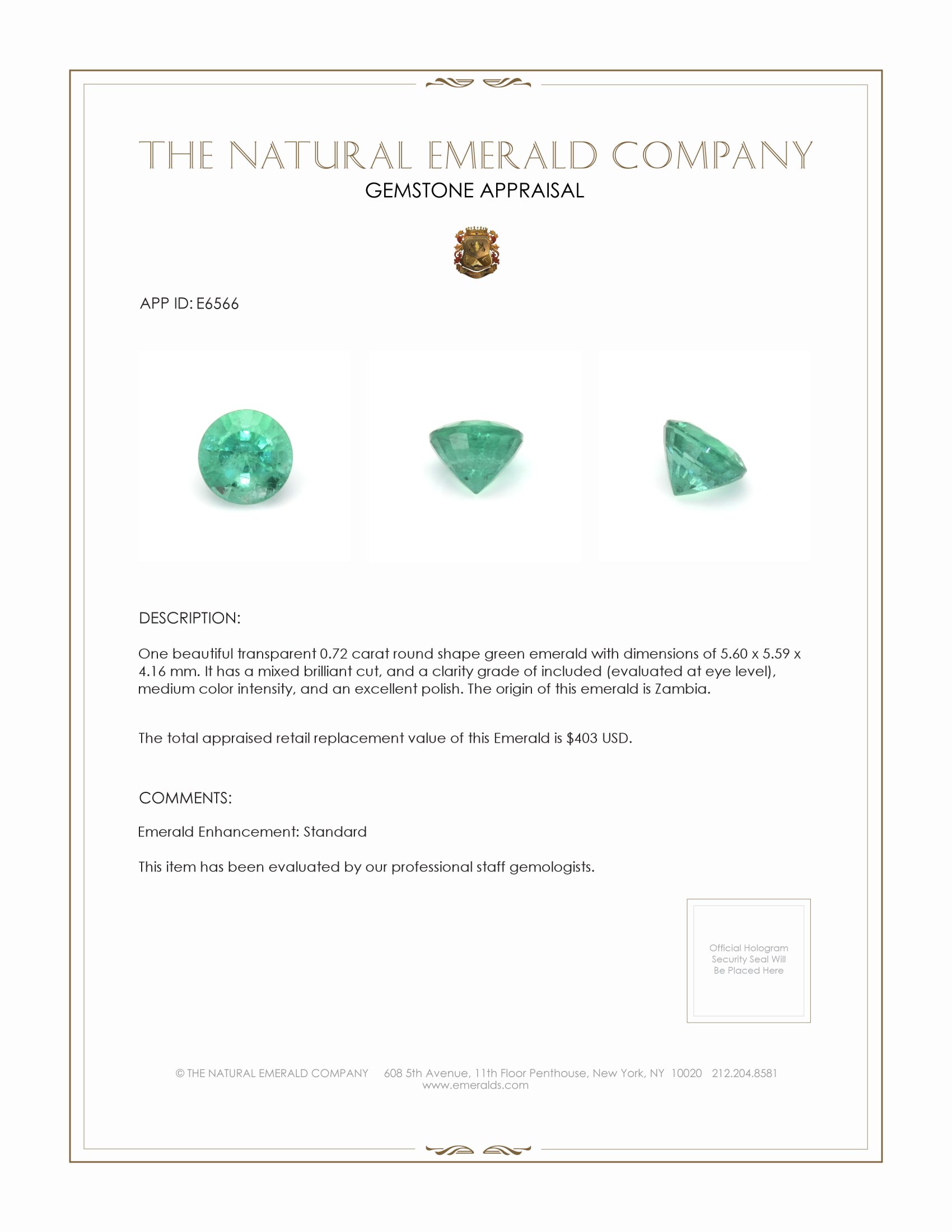 0.72 Ct. Emerald from Zambia