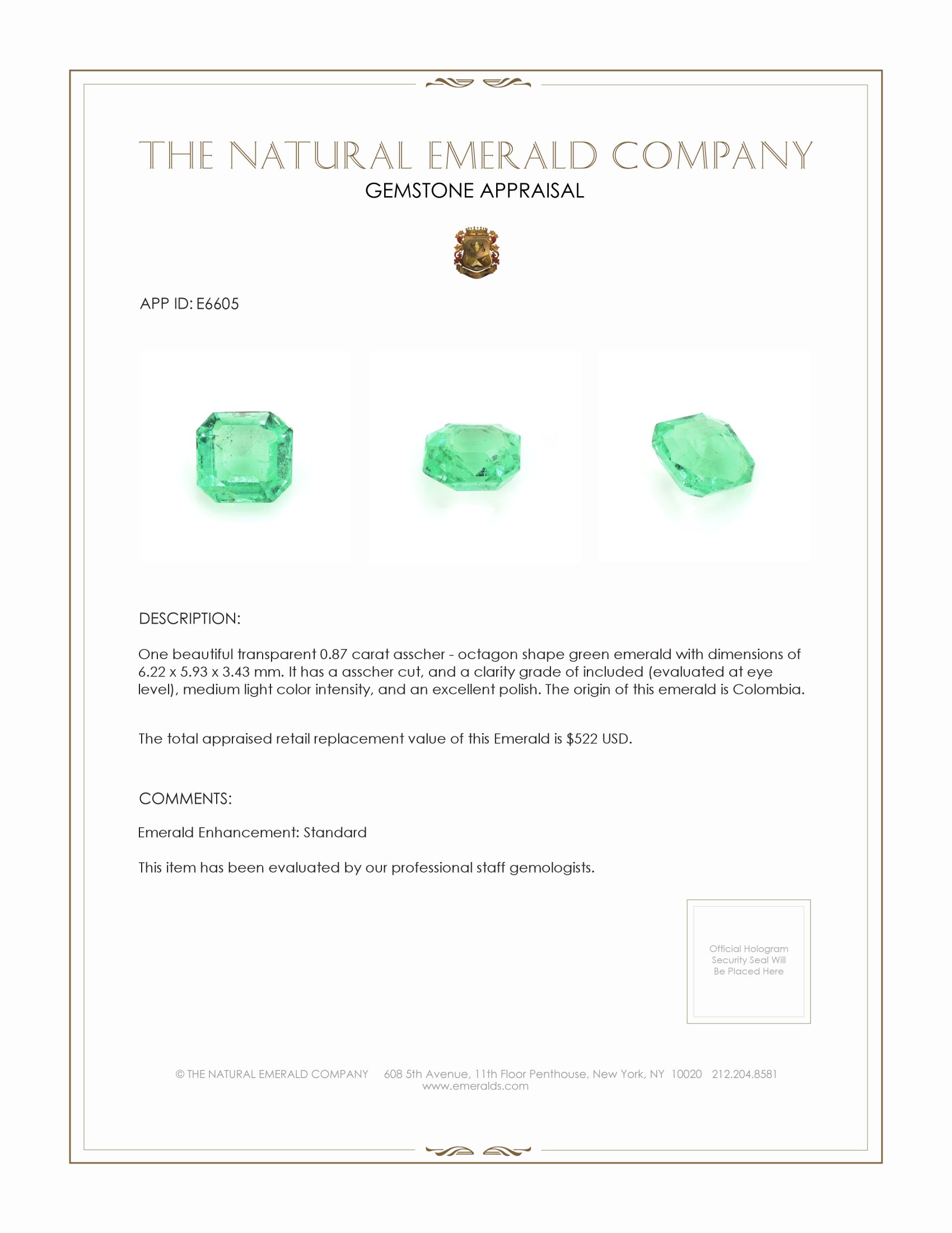 0.87 Ct. Emerald from Colombia