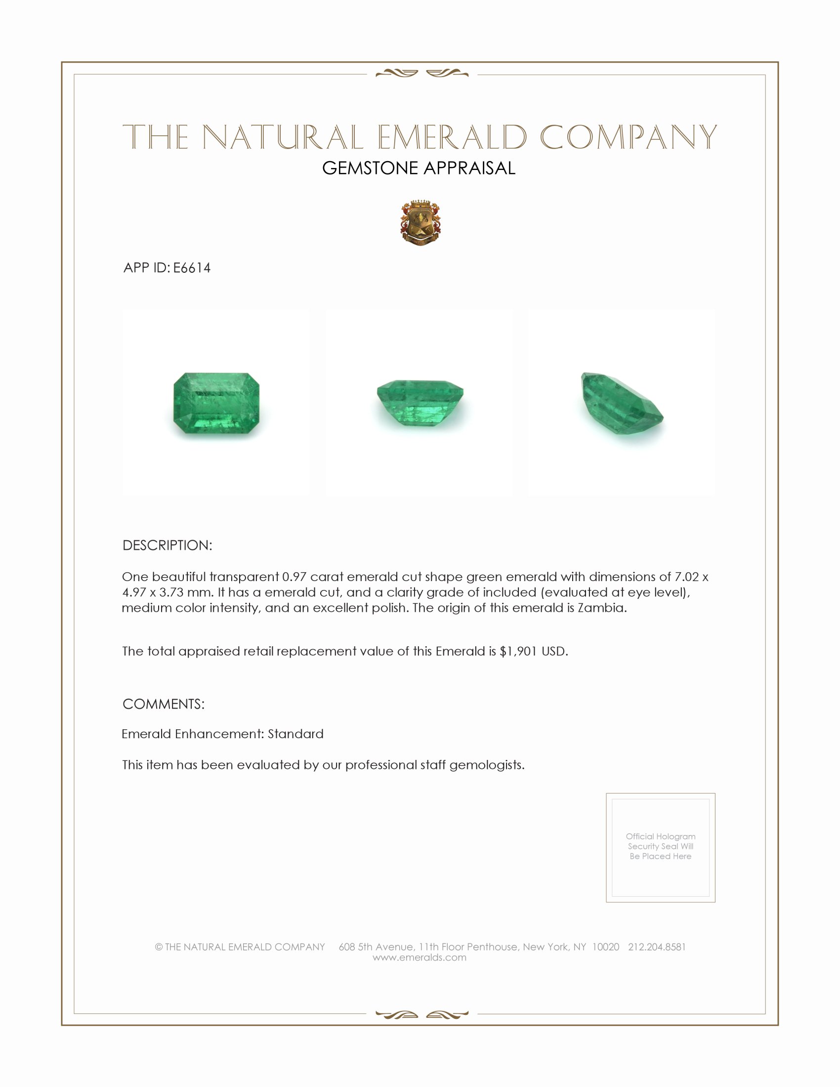 0.97 Ct. Emerald from Zambia