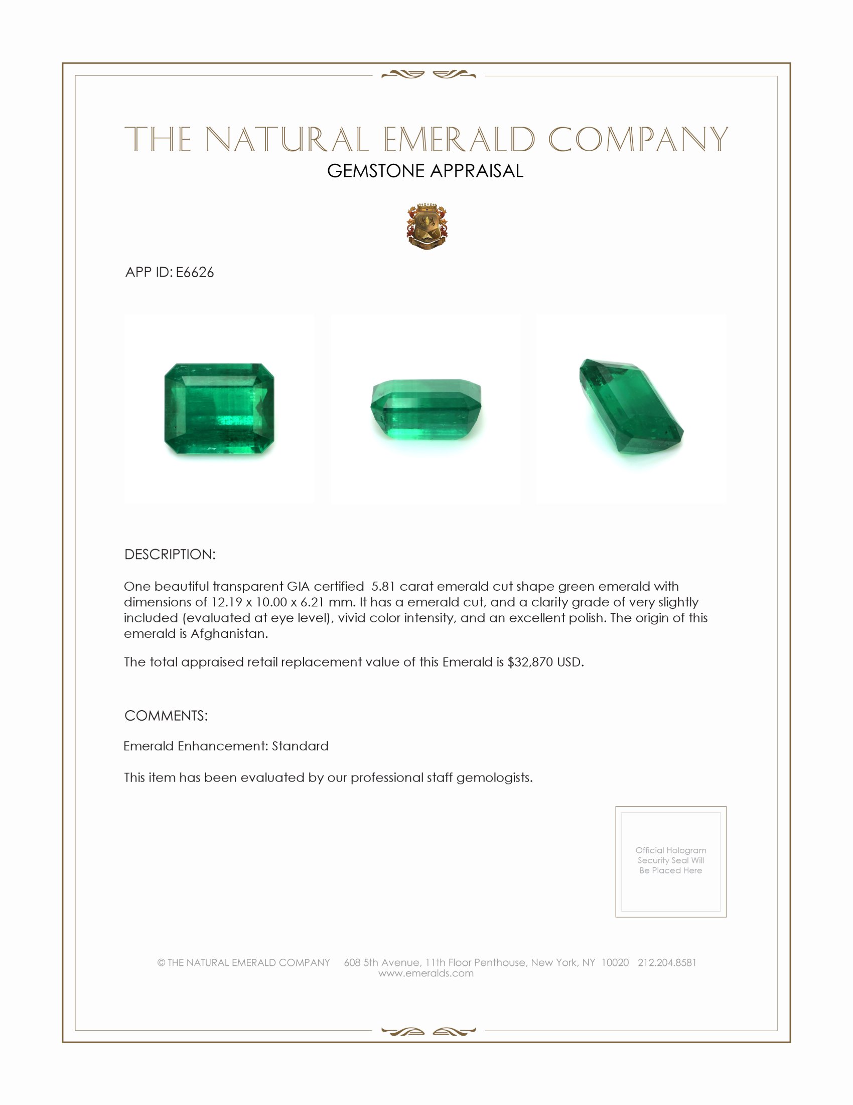 5.81 Ct. Emerald from Afghanistan