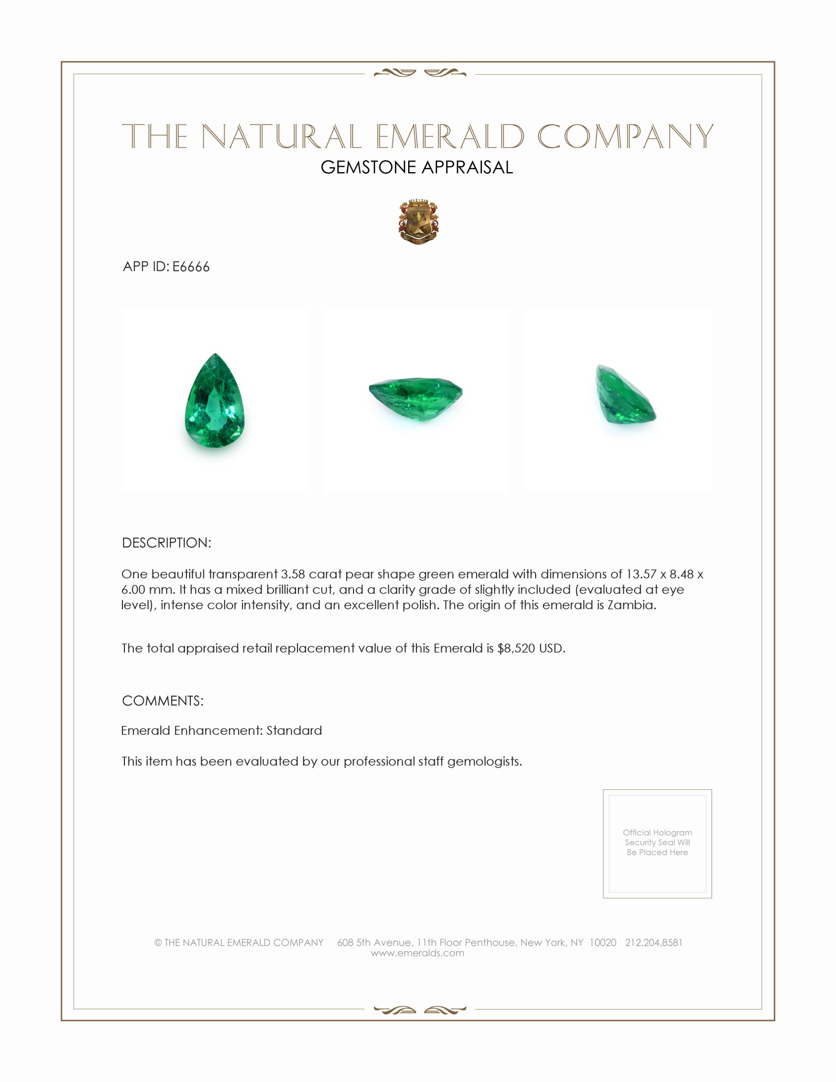 3.58 Ct. Emerald from Zambia