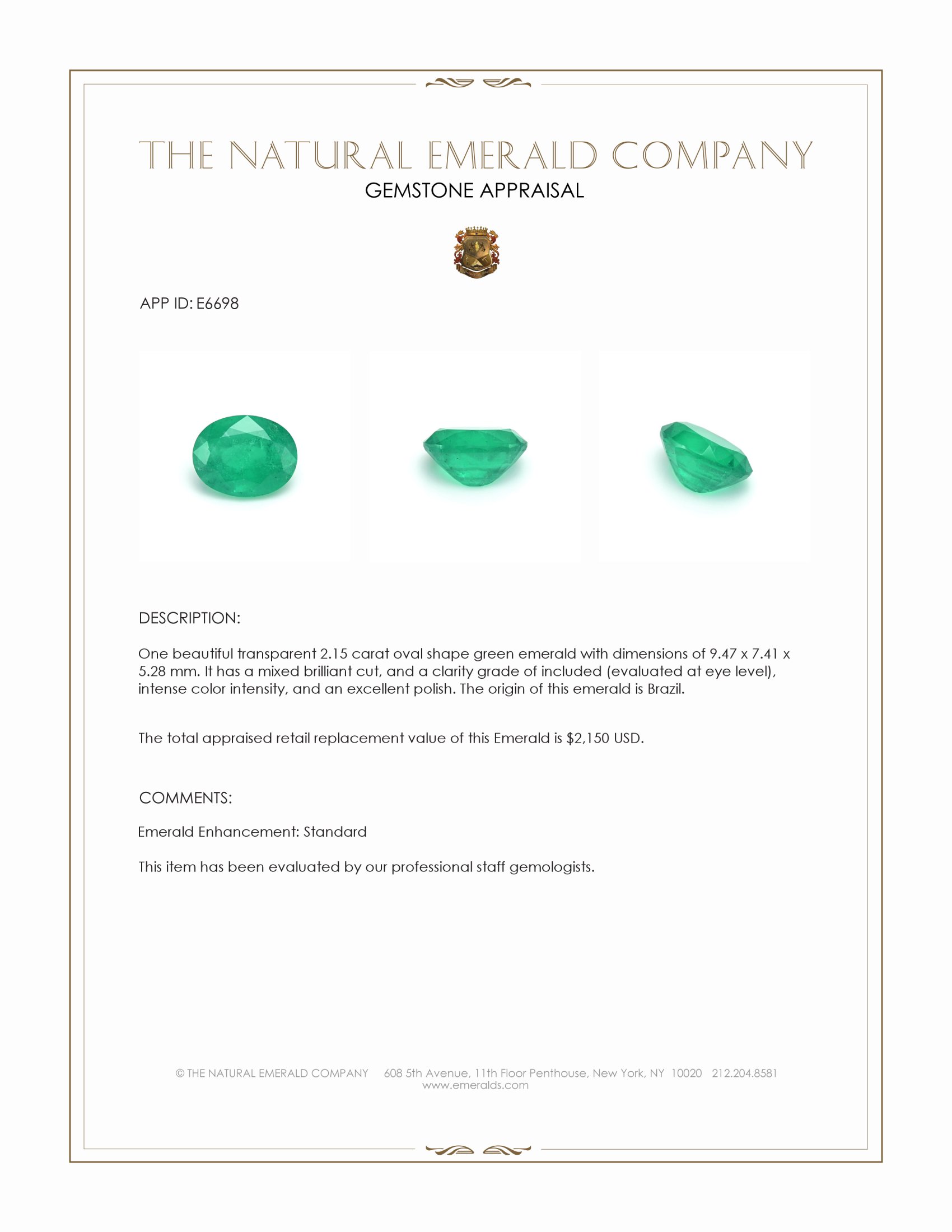 2.15 Ct. Emerald from Brazil