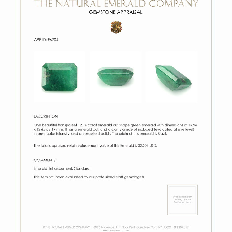 12.14 Ct. Emerald from Brazil