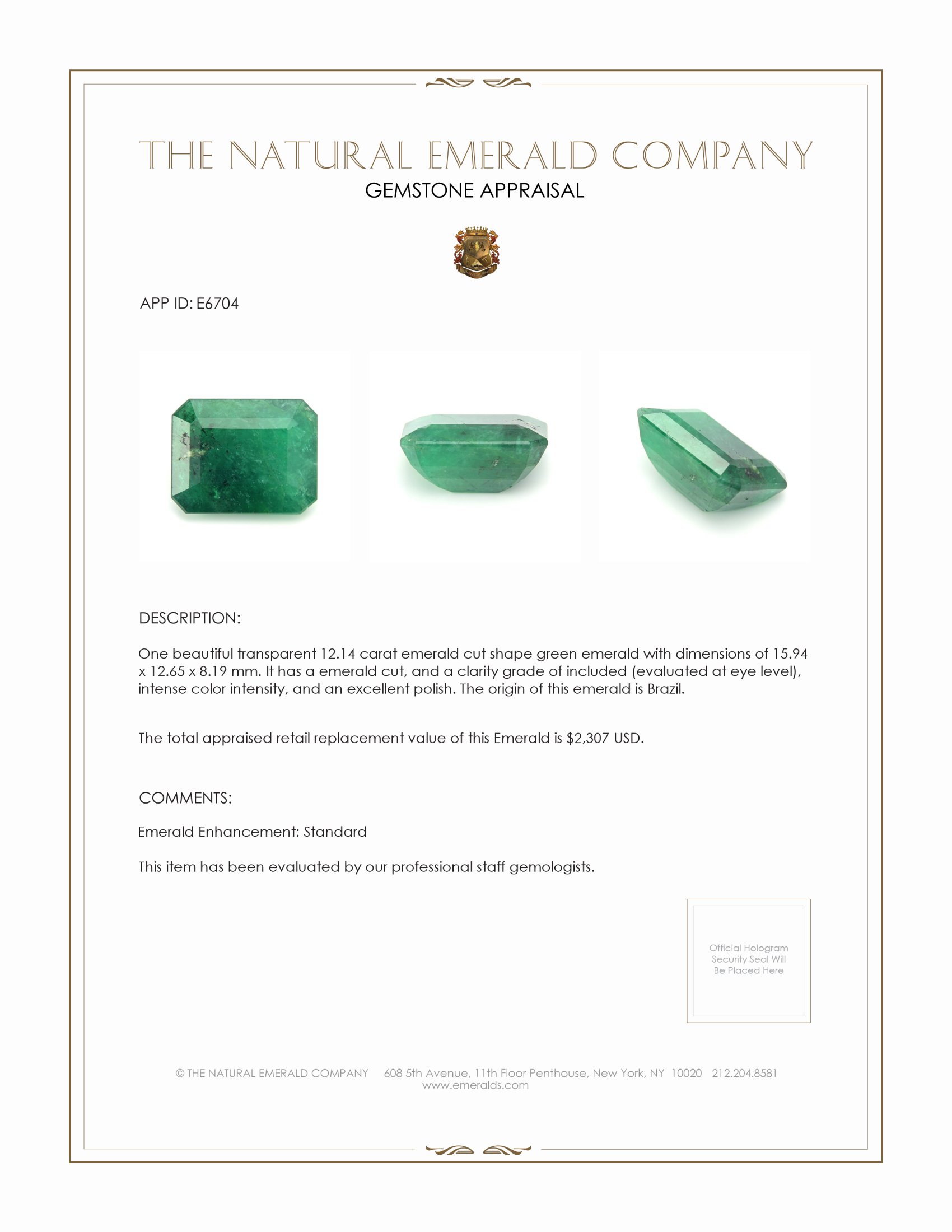 12.14 Ct. Emerald from Brazil