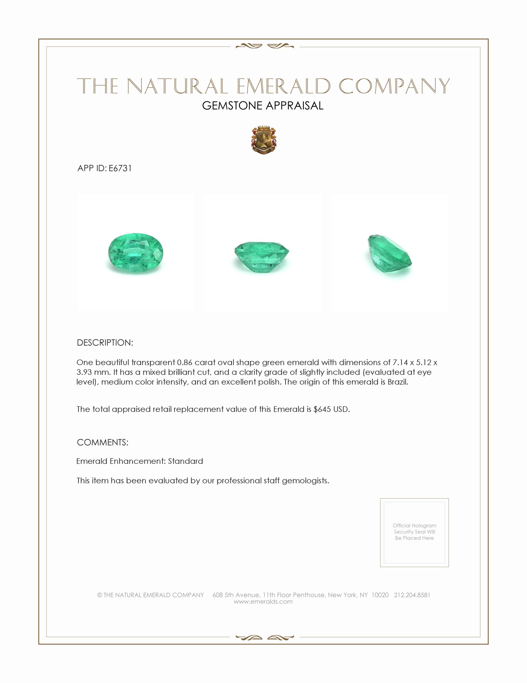 0.86 Ct. Emerald from Brazil