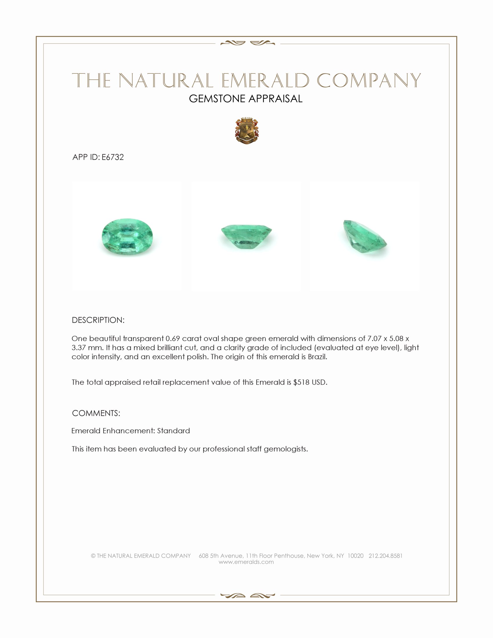 0.69 Ct. Emerald from Brazil