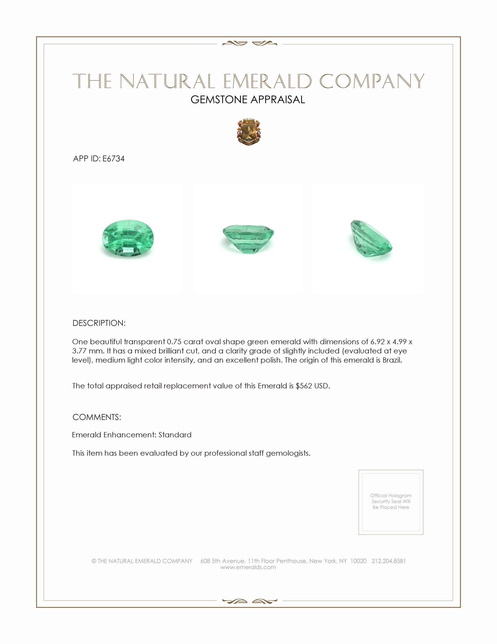 0.75 Ct. Emerald from Brazil