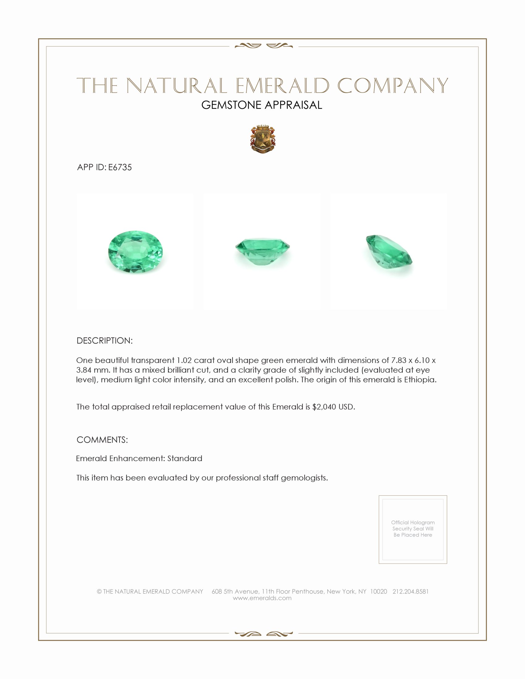 1.02 Ct. Emerald from Ethiopia