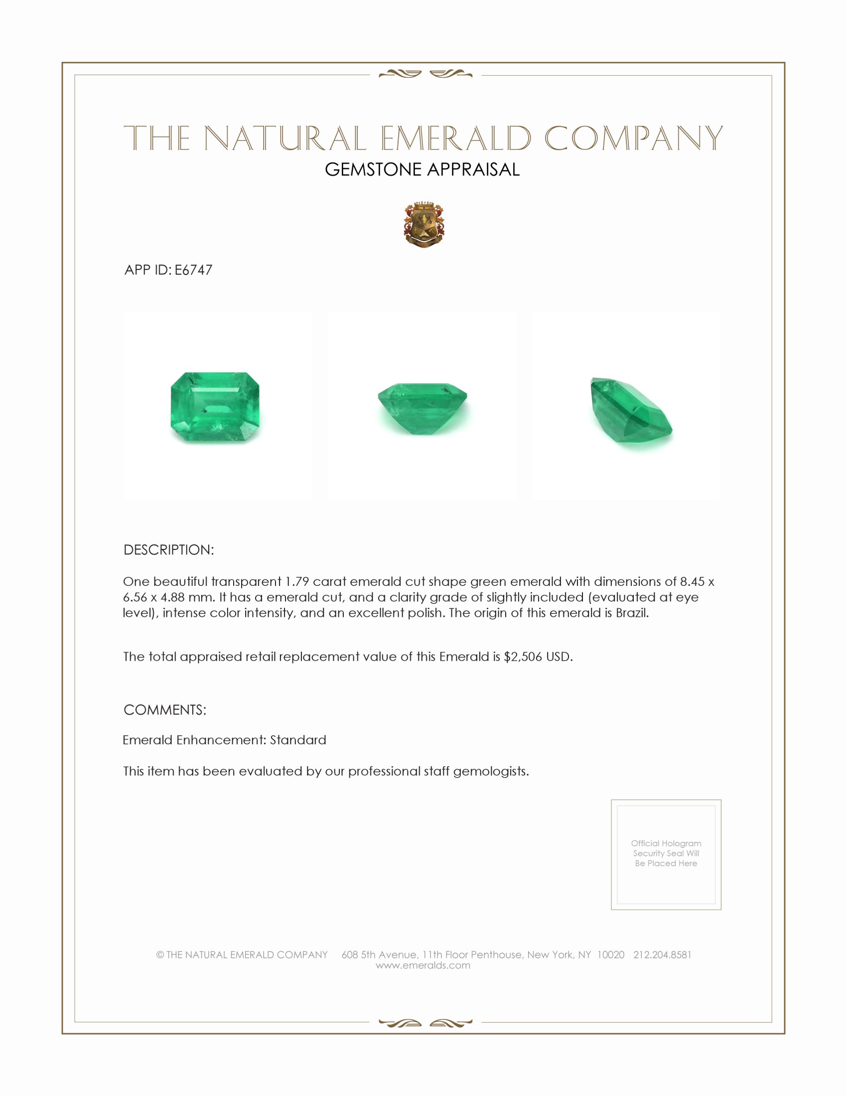 1.79 Ct. Emerald from Brazil