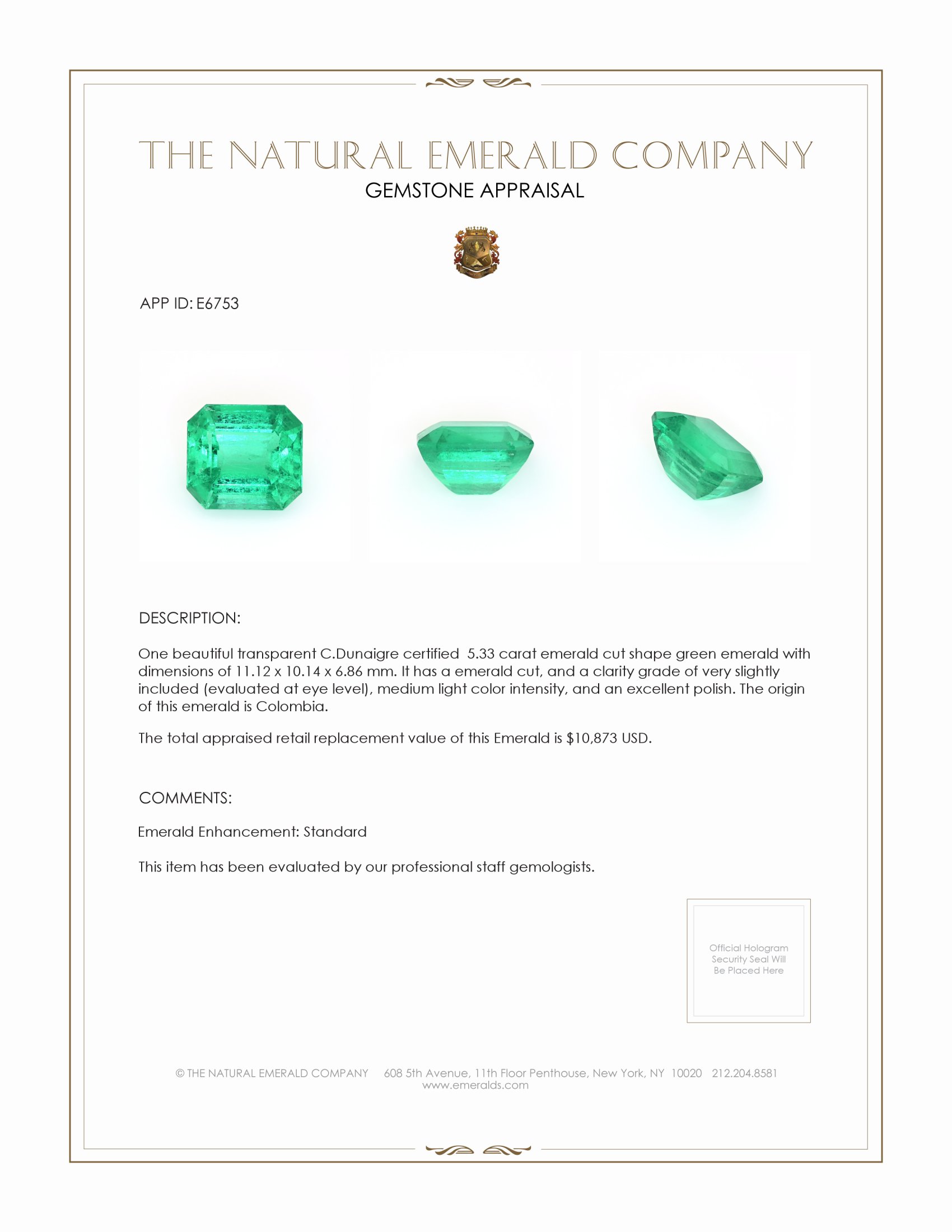 5.33 Ct. Emerald from Colombia