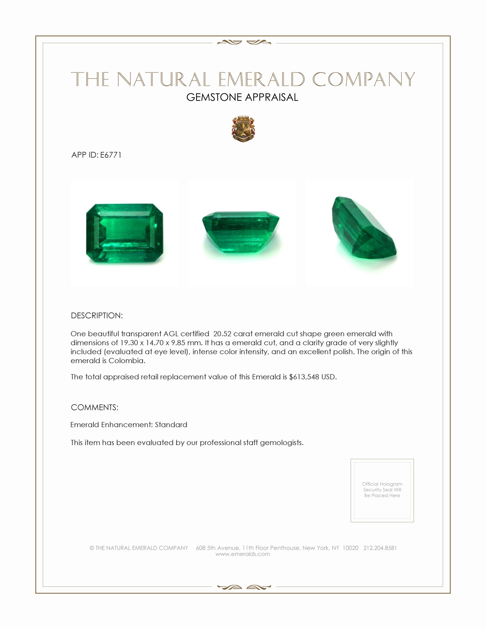 20.52 Ct. Emerald from Colombia
