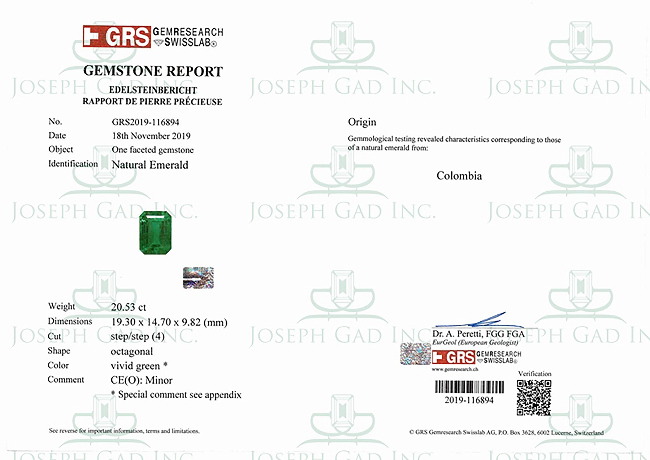 20.52 Ct. Emerald from Colombia