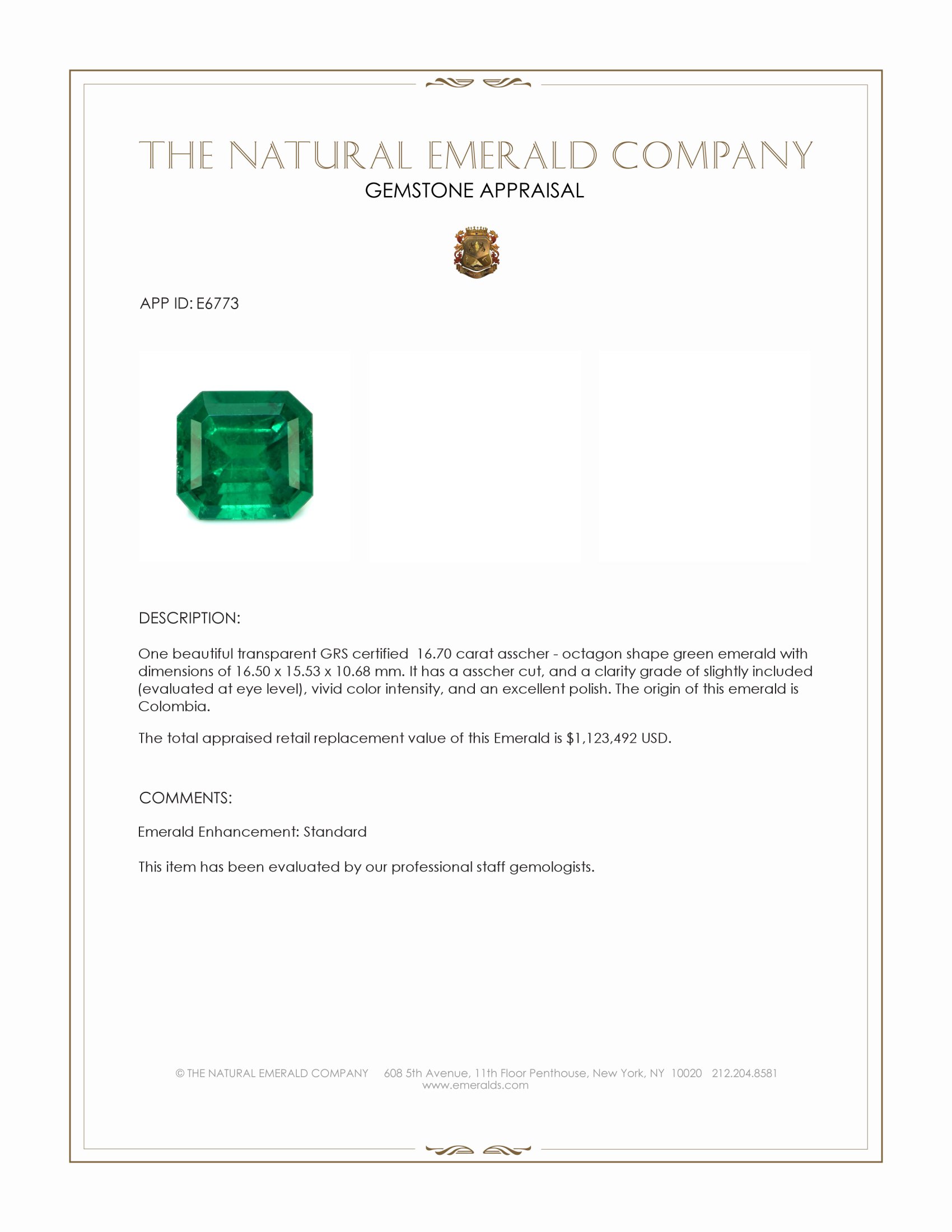 16.70 Ct. Emerald from Colombia
