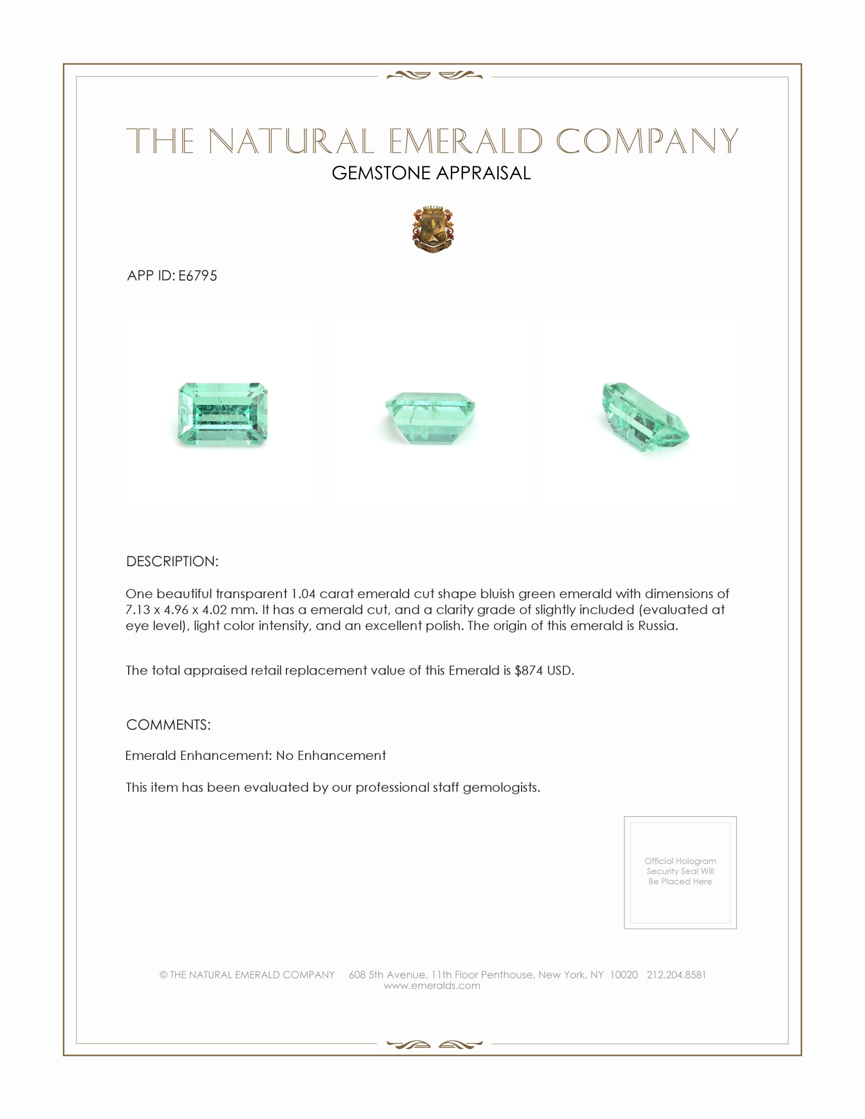 1.04 Ct. Emerald from Russia