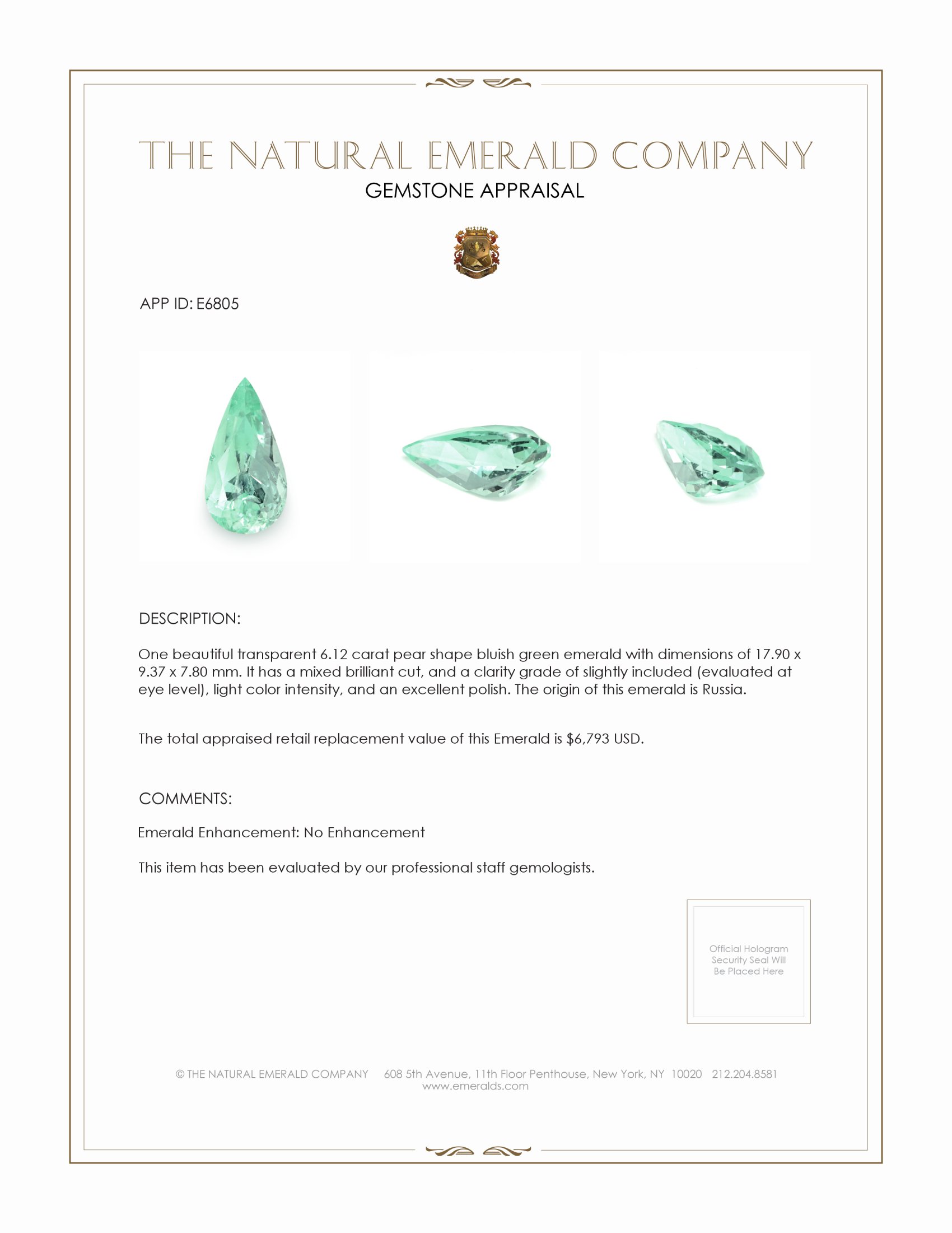 6.12 Ct. Emerald from Russia