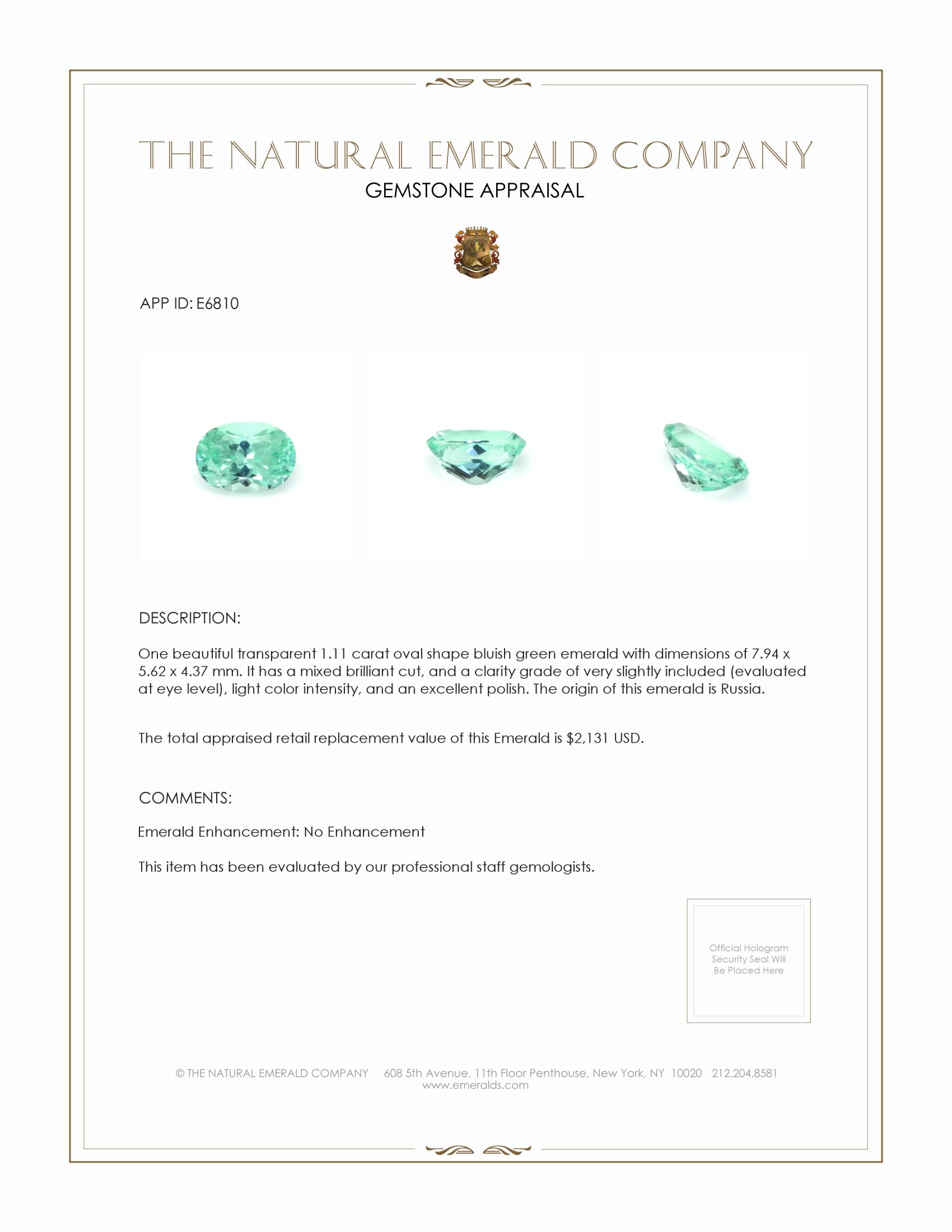 1.11 Ct. Emerald from Russia