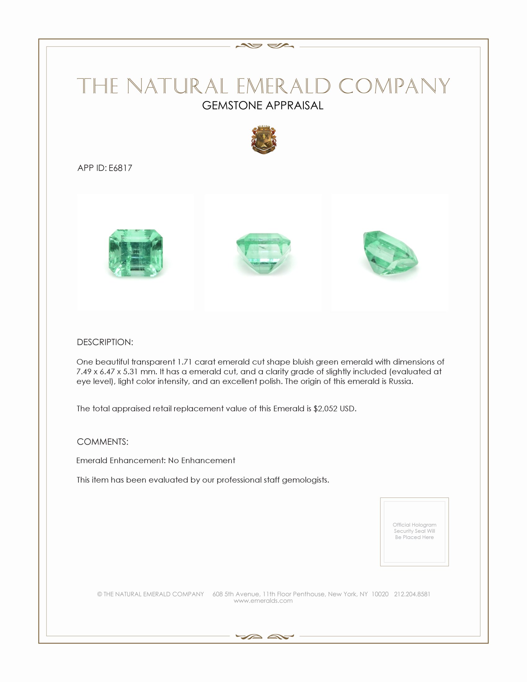 1.71 Ct. Emerald from Russia