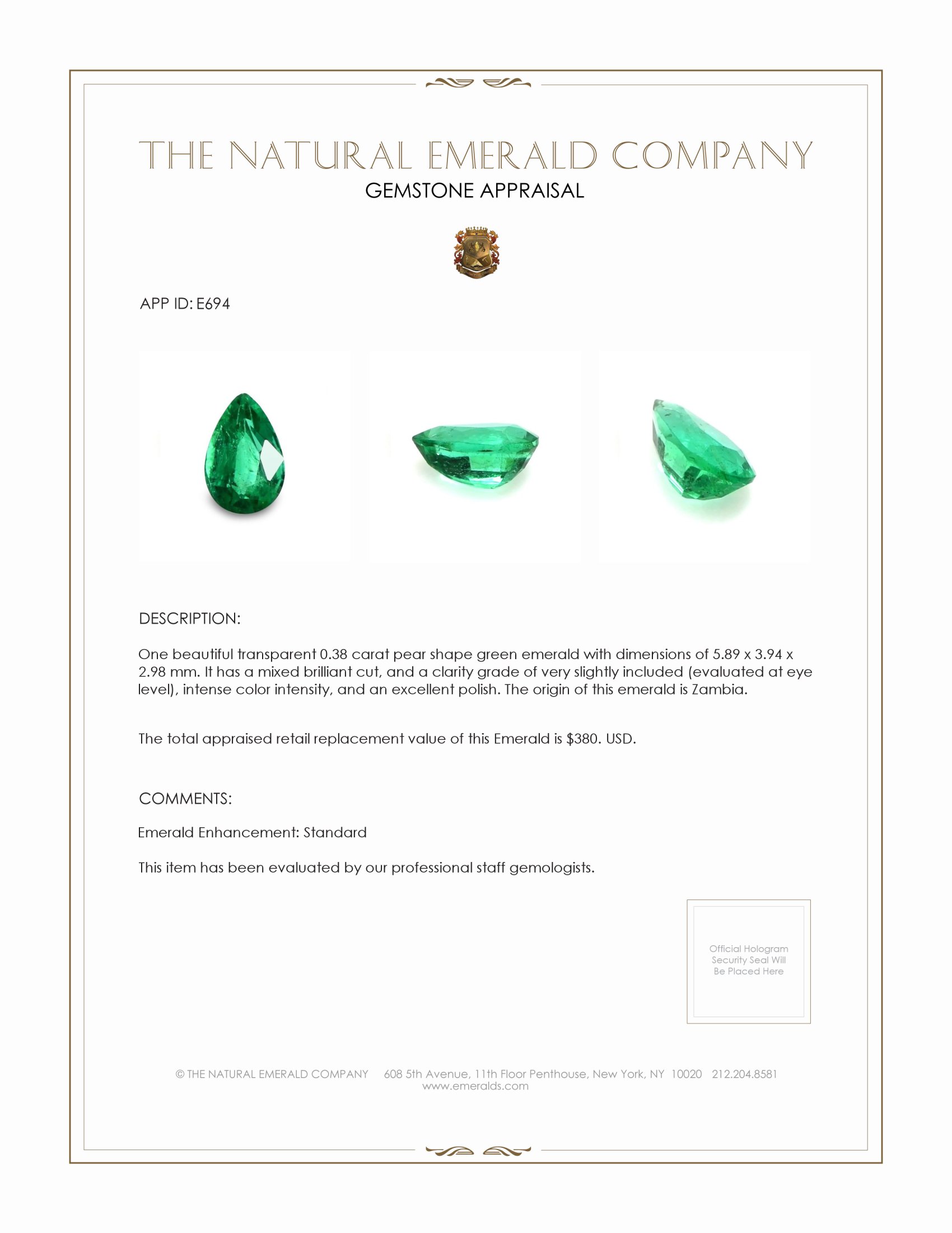 0.38 Ct. Emerald from Zambia