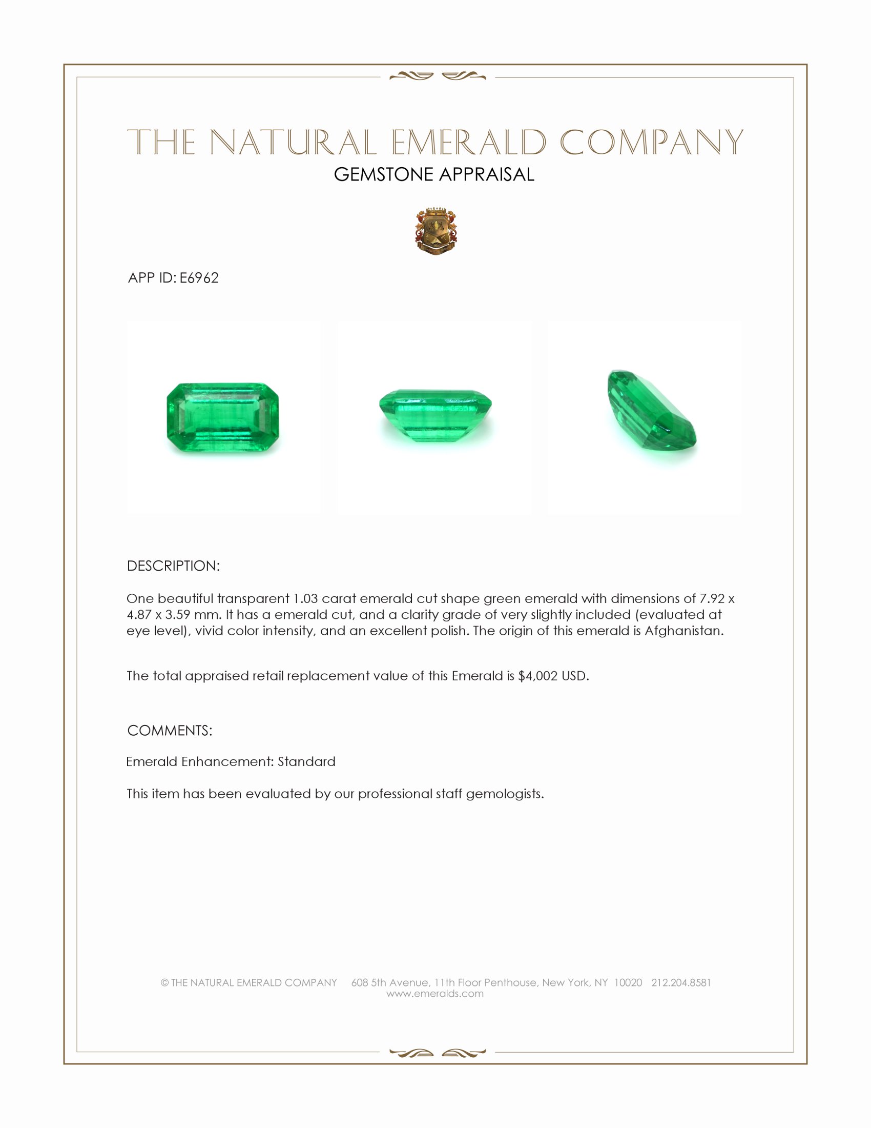 1.03 Ct. Emerald from Afghanistan